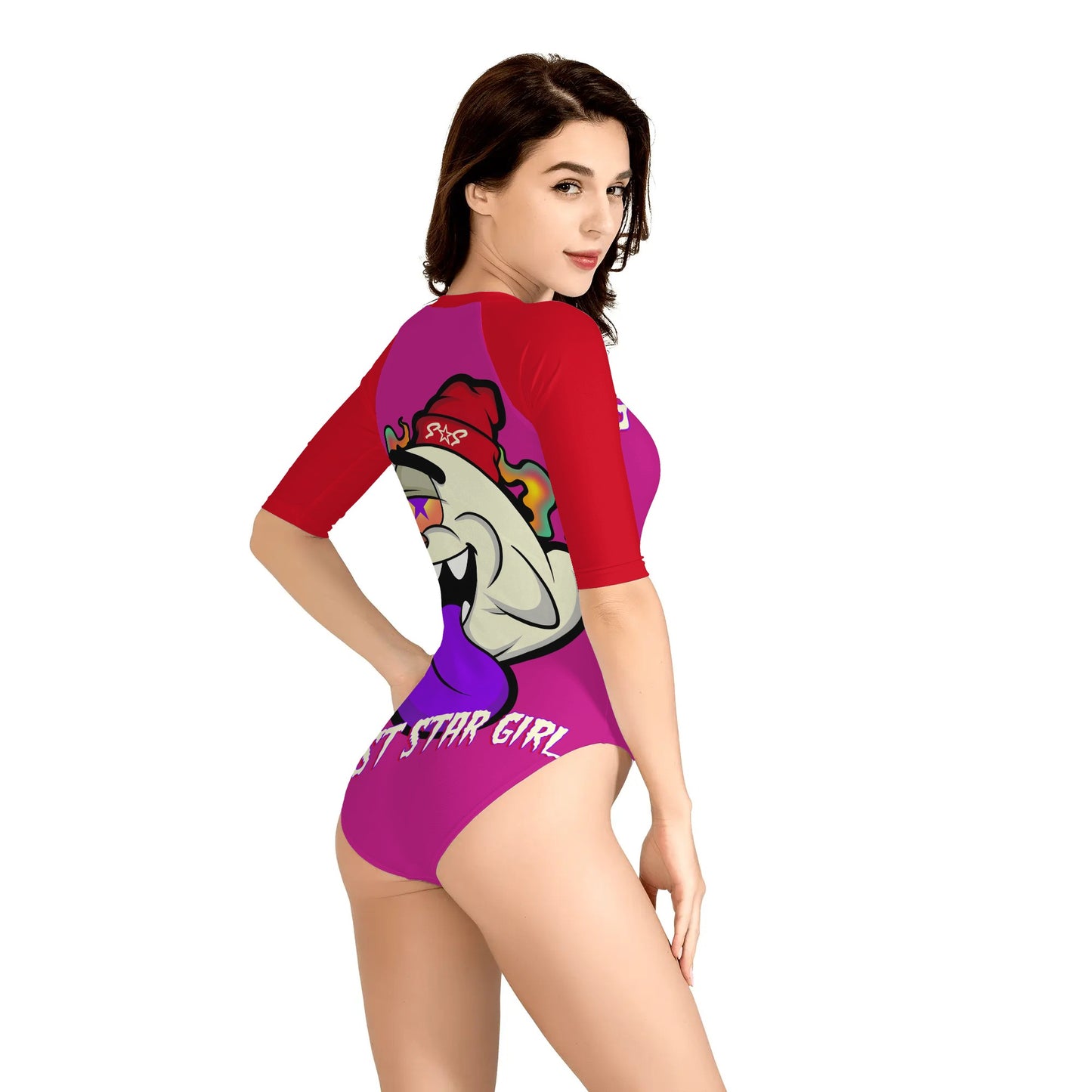 G.S.G Ghost Star Girl Womens Purple One Piece Zip Front Half Sleeve Swimsuit