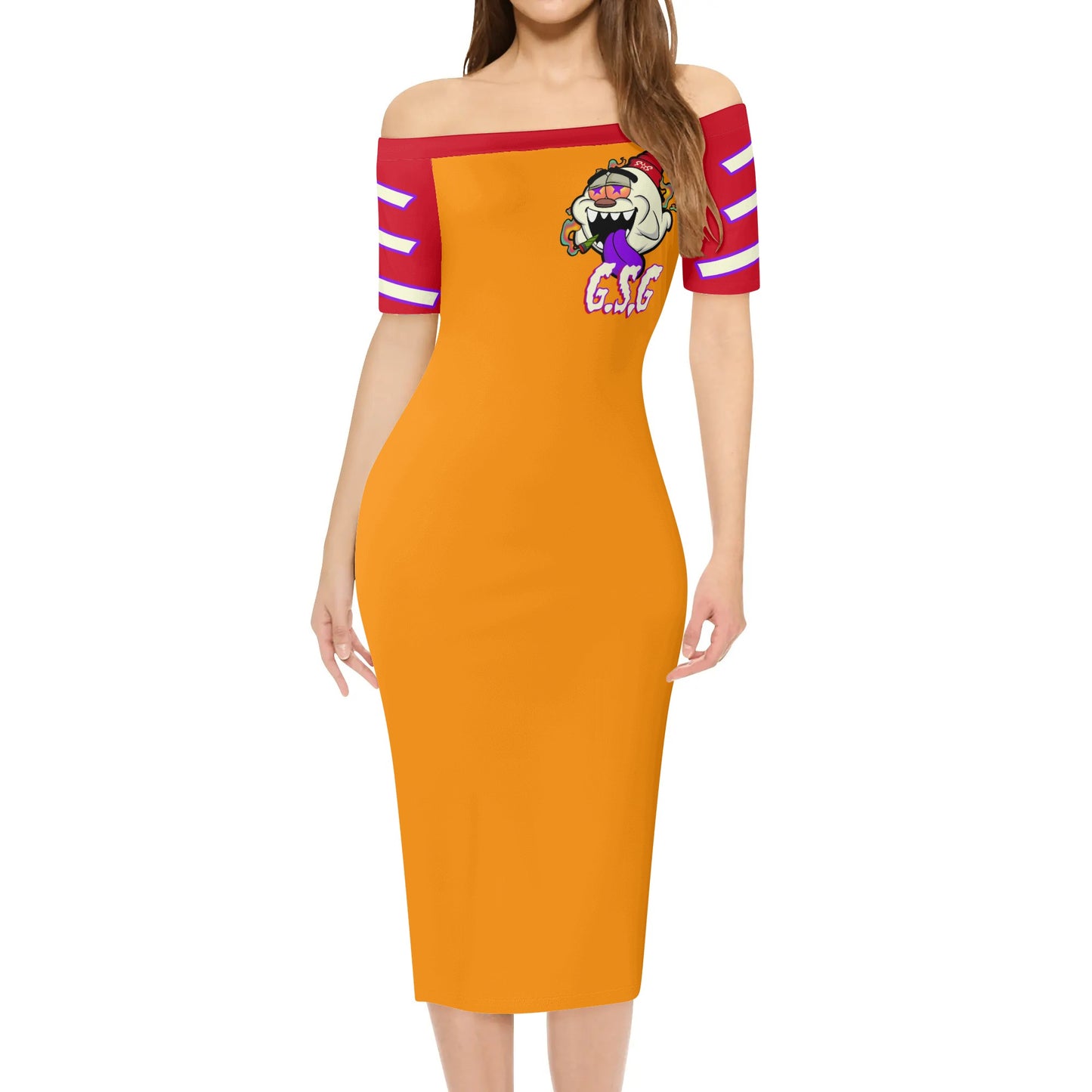 G.S.G Ghost Star Girl Womens Off The Shoulder Orange Short Sleeve Elegant Wrap Dress