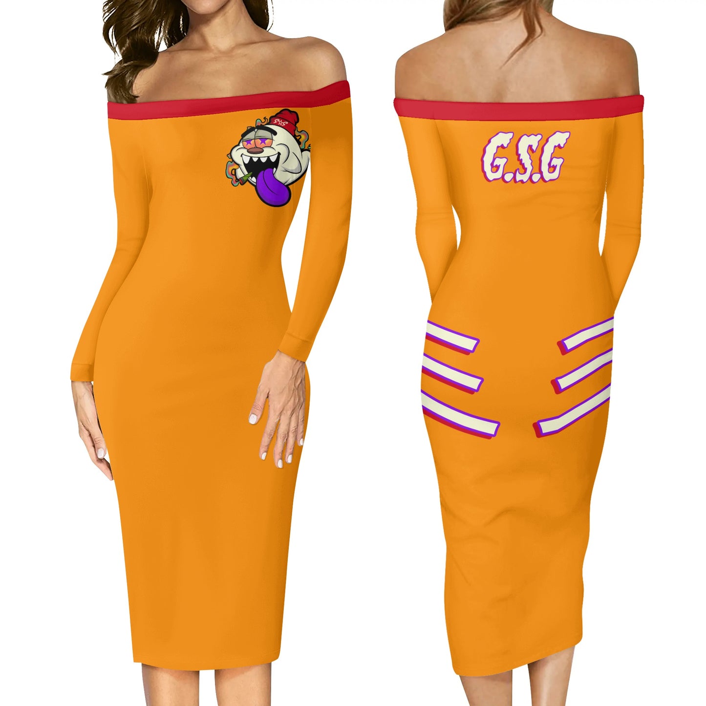 G.S.G Ghost Star Girl Womens Orange Off The Shoulder Long Sleeve Elegant Wrap Dress