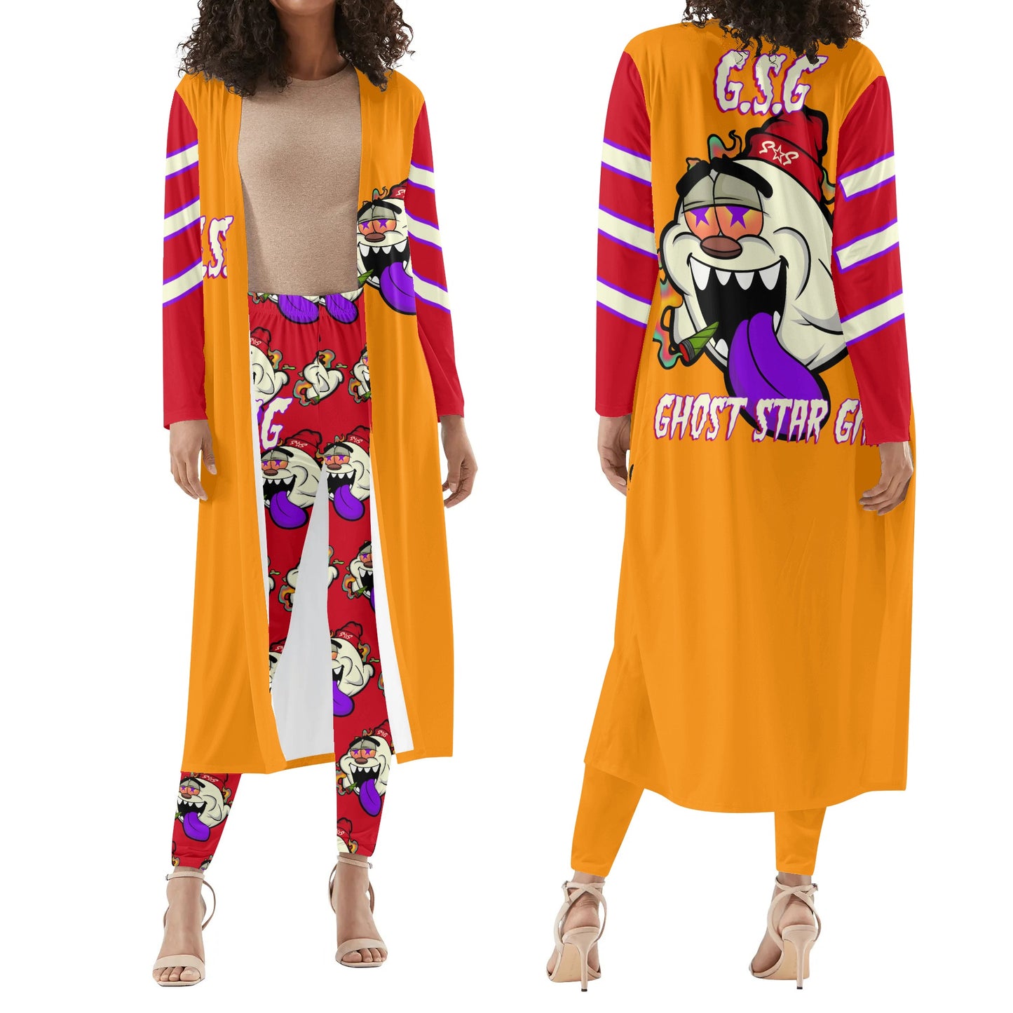 G.S.G Ghost Star Girl Orange/Maroon Long Sleeve Cardigan and Leggings 2pcs