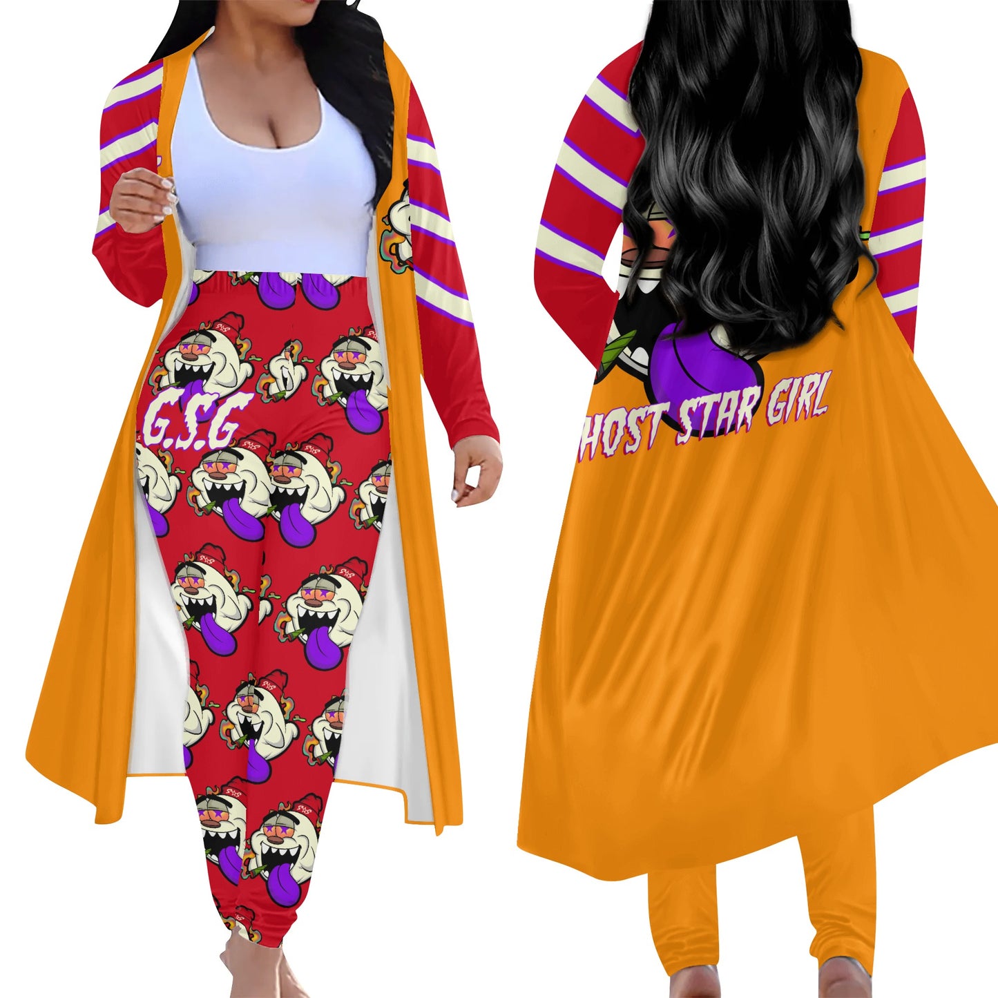 G.S.G Ghost Star Girl Orange/Maroon Long Sleeve Cardigan and Leggings 2pcs