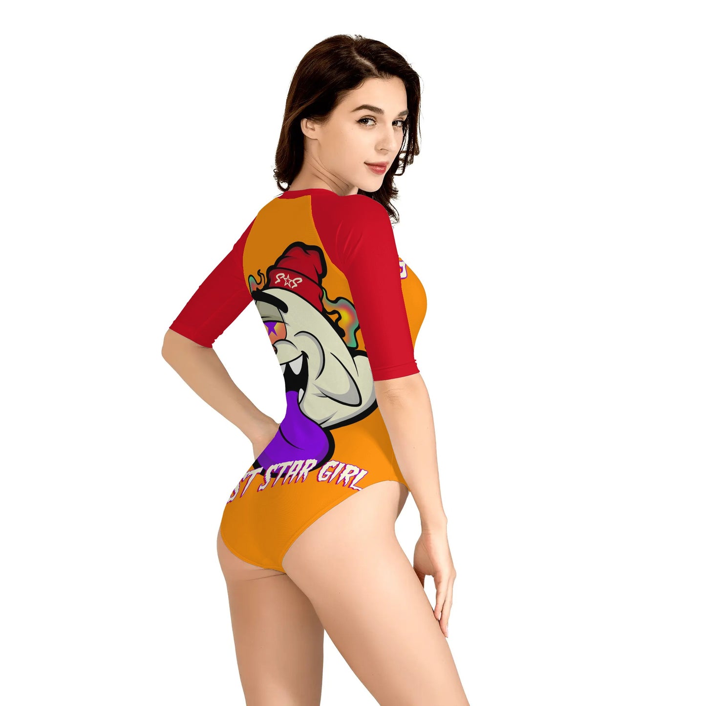 G.S.G Ghost Star Girl Womens Orange One Piece Zip Front Half Sleeve Swimsuit