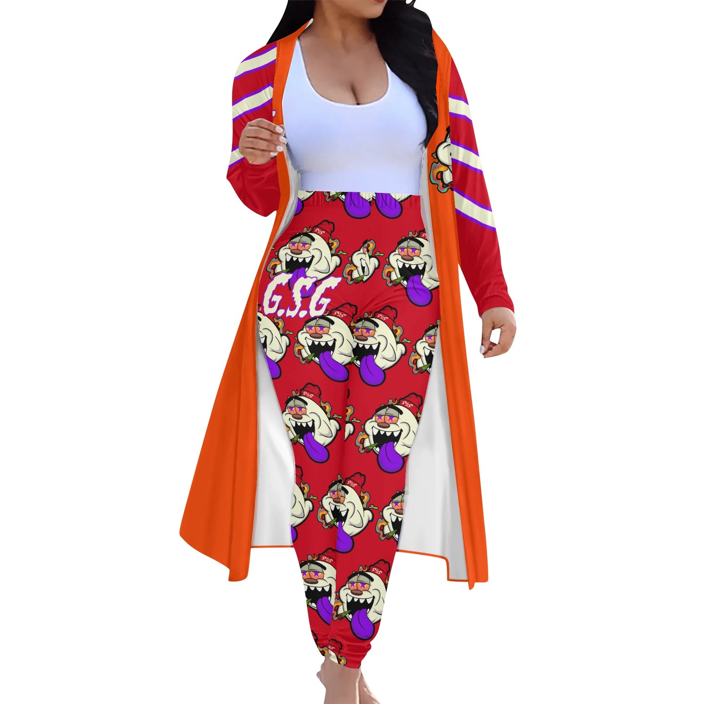 G.S.G Ghost Star Girl DarkOrange/Maroon Long Sleeve Cardigan and Leggings 2pcs