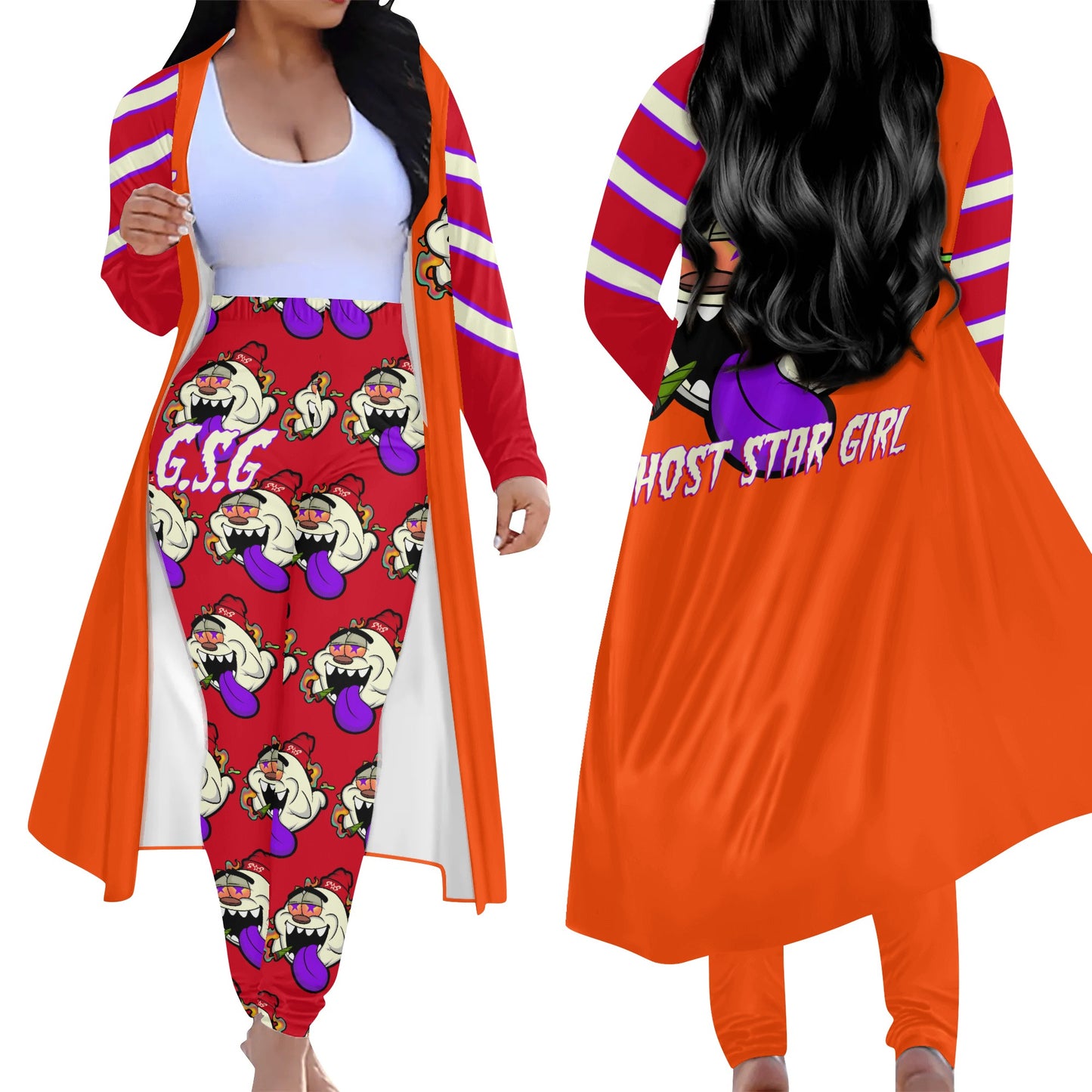 G.S.G Ghost Star Girl DarkOrange/Maroon Long Sleeve Cardigan and Leggings 2pcs