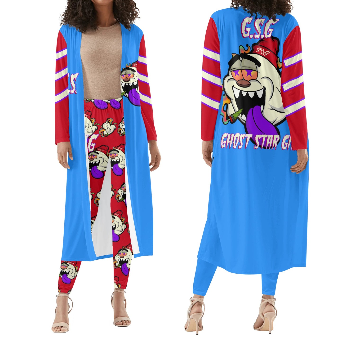 G.S.G Ghost Star Girl Blue/Maroon Long Sleeve Cardigan and Leggings 2pcs