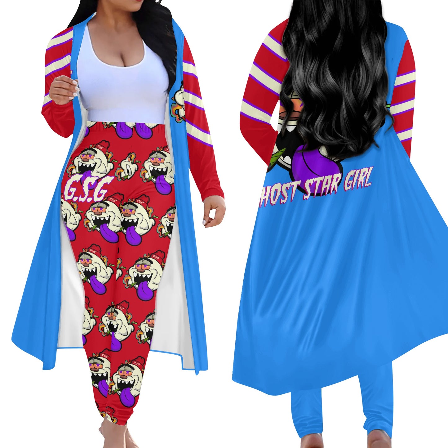 G.S.G Ghost Star Girl Blue/Maroon Long Sleeve Cardigan and Leggings 2pcs