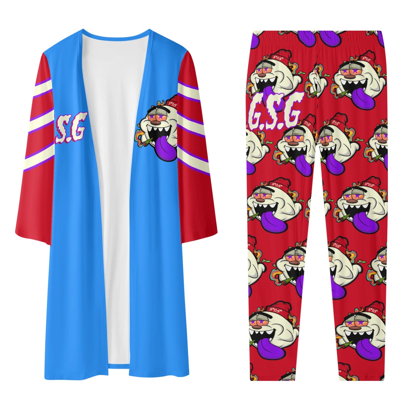 G.S.G Ghost Star Girl Blue/Maroon Long Sleeve Cardigan and Leggings 2pcs