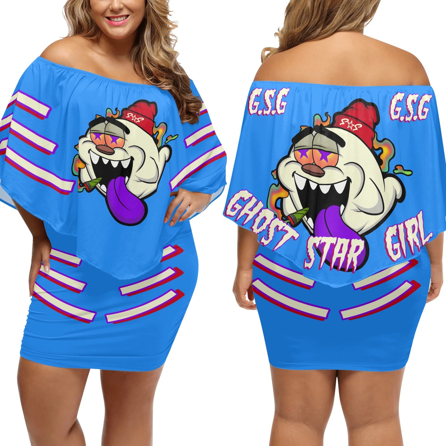 G.S.G Ghost Star Girl S.O.S Ghost Edition  Womens Blue Off The Shoulder Wrap Dress