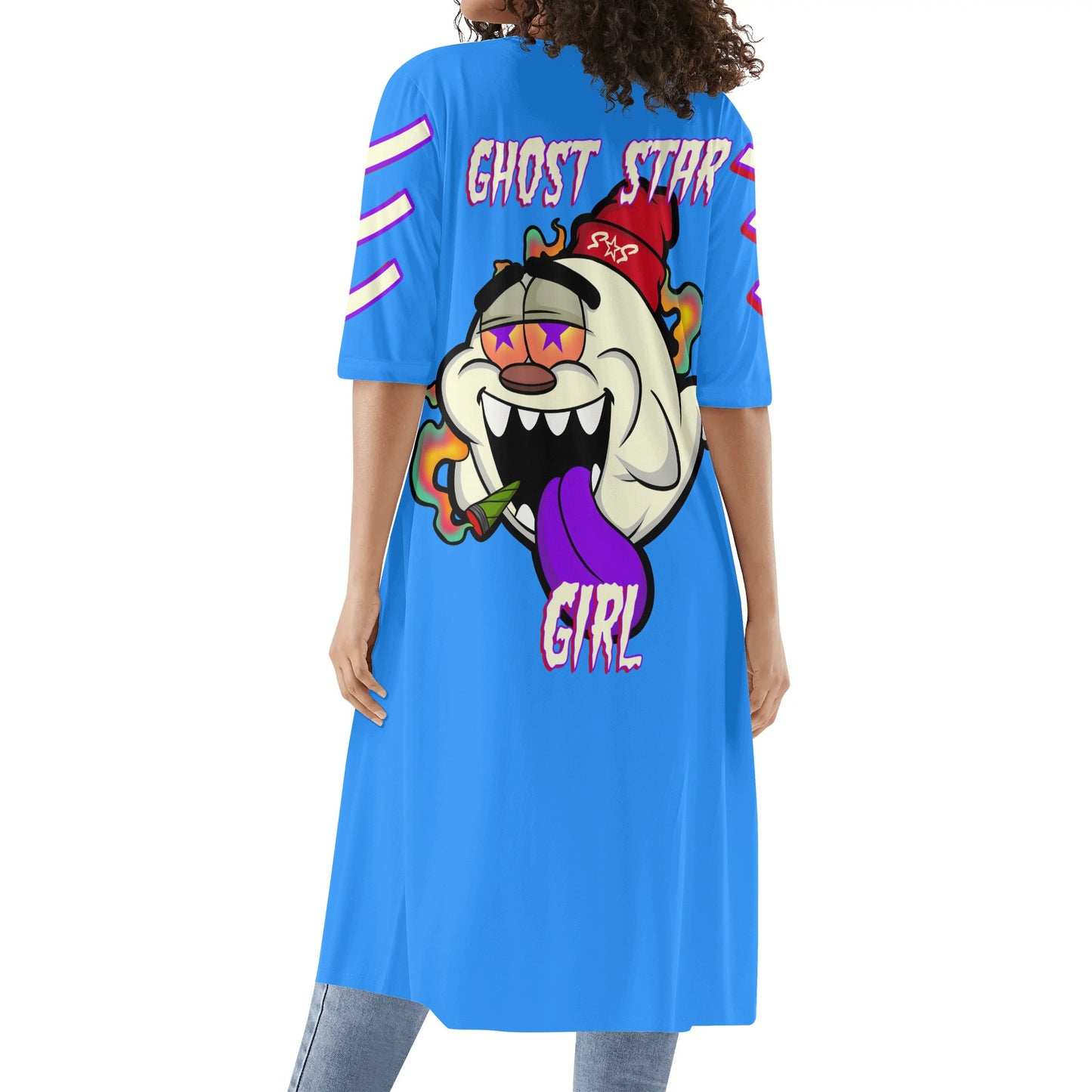 G.S.G Ghost Star Girl Womens Blue Half Sleeve Kimono Cardigan