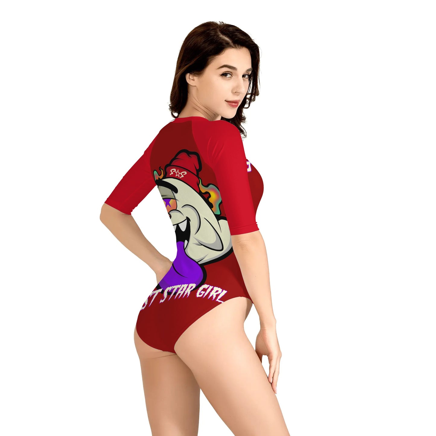 G.S.G Ghost Star Girl Womens Maroon One Piece Zip Front Half Sleeve Swimsuit