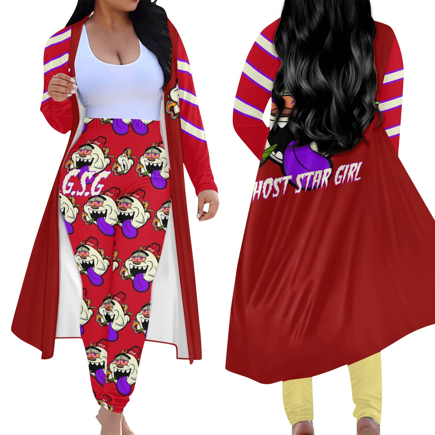 G.S.G Ghost Star Girl Maroon Long Sleeve Cardigan and Leggings 2pcs