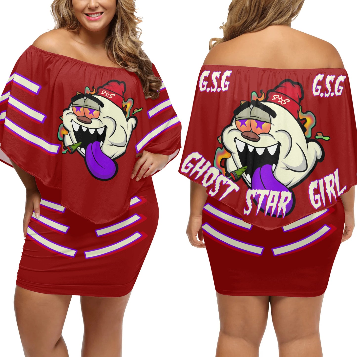 G.S.G Ghost Star Girl S.O.S Ghost Edition  Womens Maroon Off The Shoulder Wrap Dress