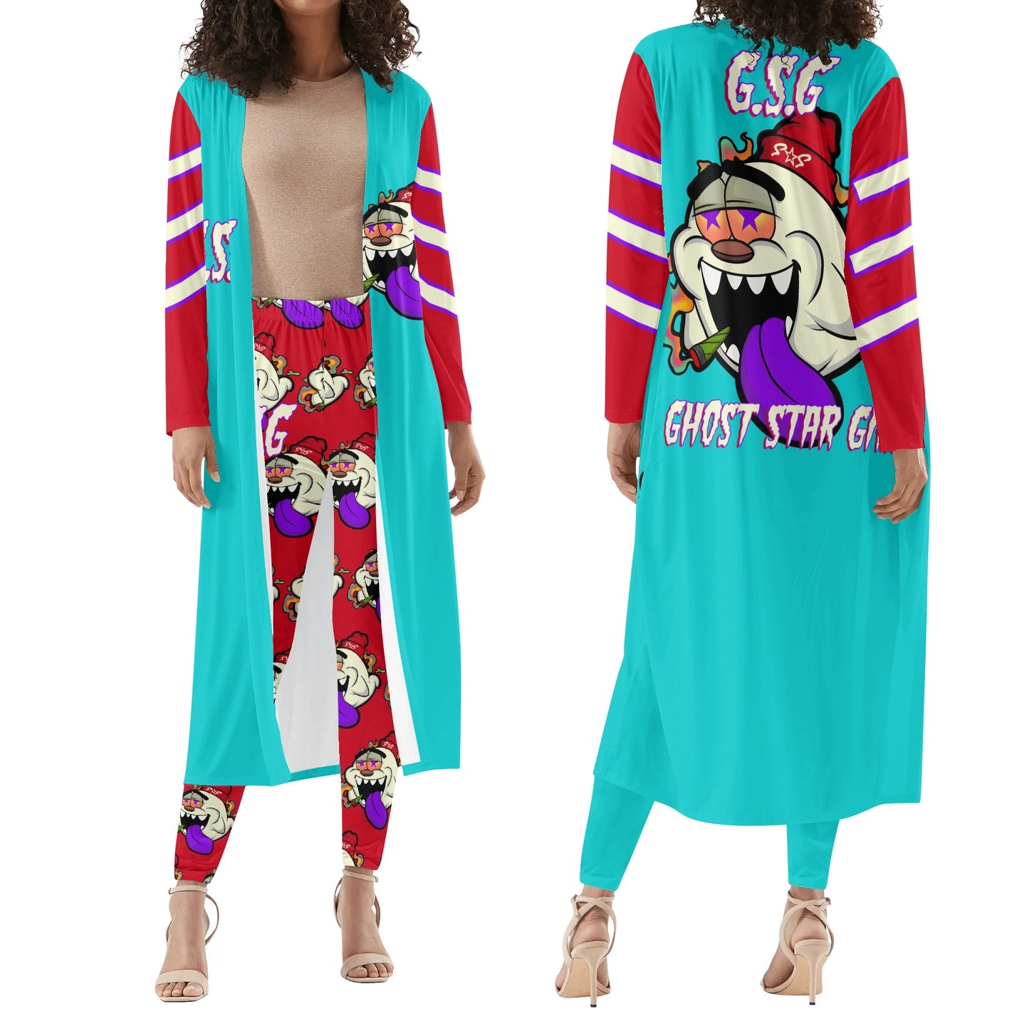 G.S.G Ghost Star Girl Turquoise/Maroon Long Sleeve Cardigan and Leggings 2pcs