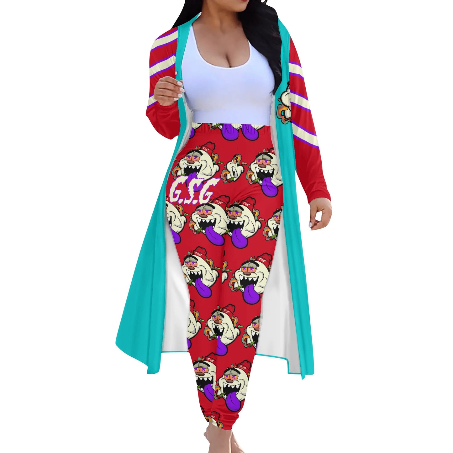 G.S.G Ghost Star Girl Turquoise/Maroon Long Sleeve Cardigan and Leggings 2pcs