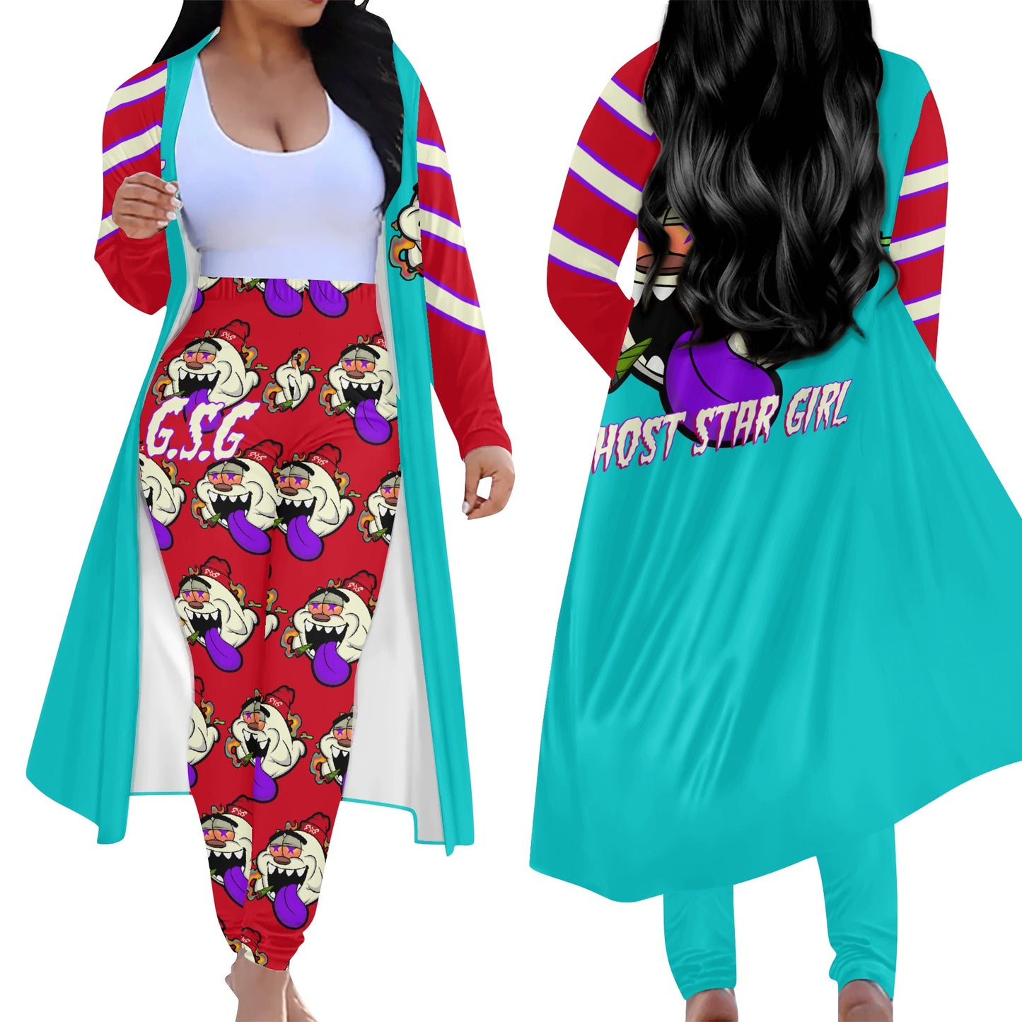 G.S.G Ghost Star Girl Turquoise/Maroon Long Sleeve Cardigan and Leggings 2pcs