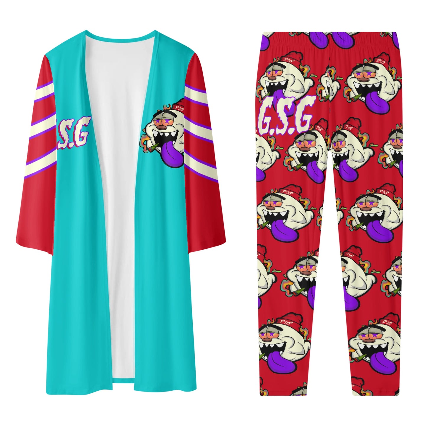 G.S.G Ghost Star Girl Turquoise/Maroon Long Sleeve Cardigan and Leggings 2pcs