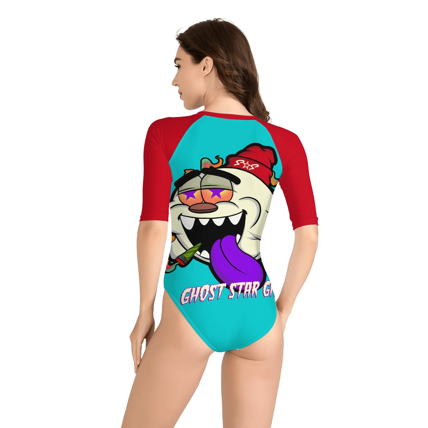 G.S.G Ghost Star Girl Womens Turquoise One Piece Zip Front Half Sleeve Swimsuit