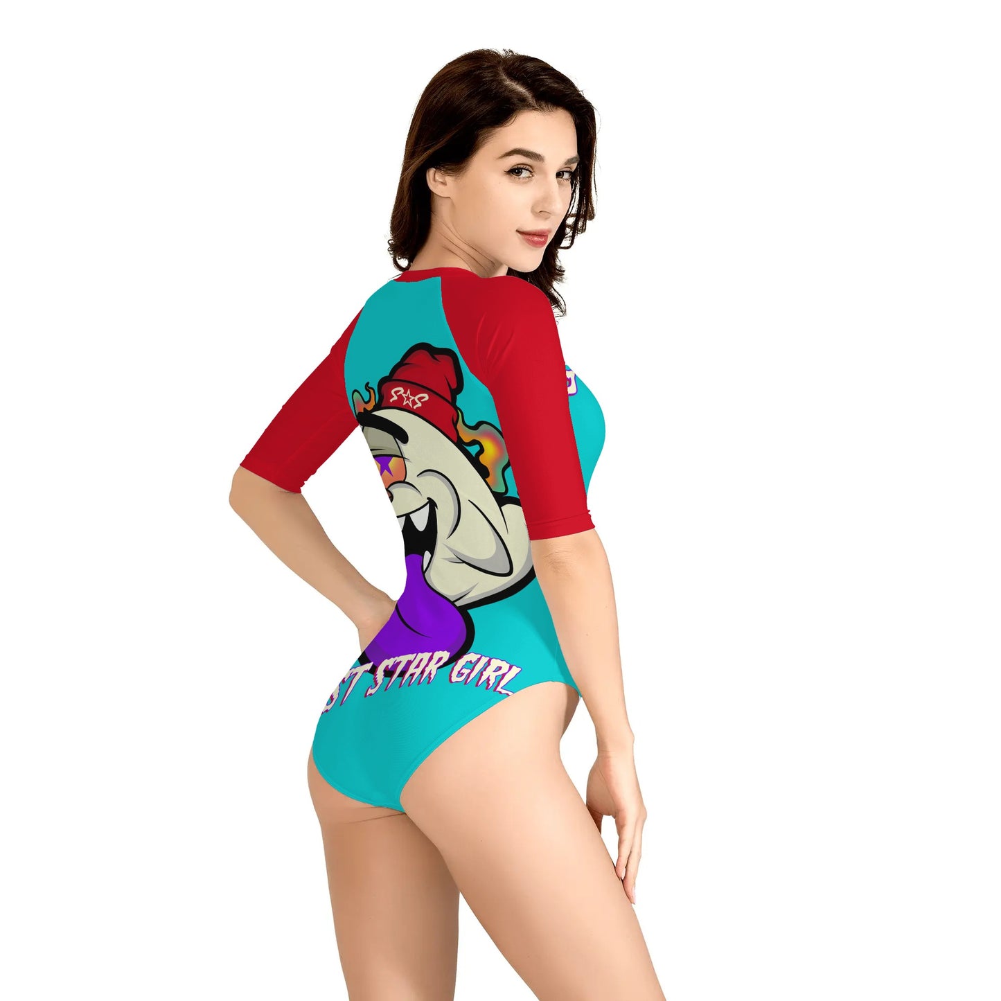 G.S.G Ghost Star Girl Womens Turquoise One Piece Zip Front Half Sleeve Swimsuit