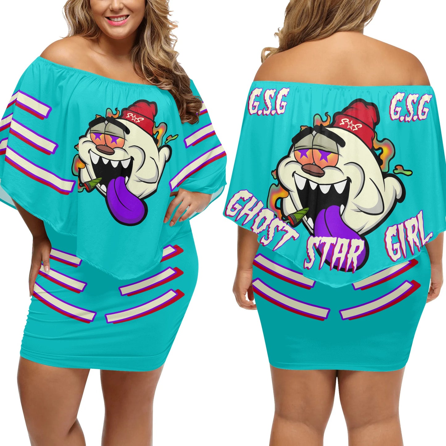 G.S.G Ghost Star Girl S.O.S Ghost Edition  Womens Turquoise Off The Shoulder Wrap Dress