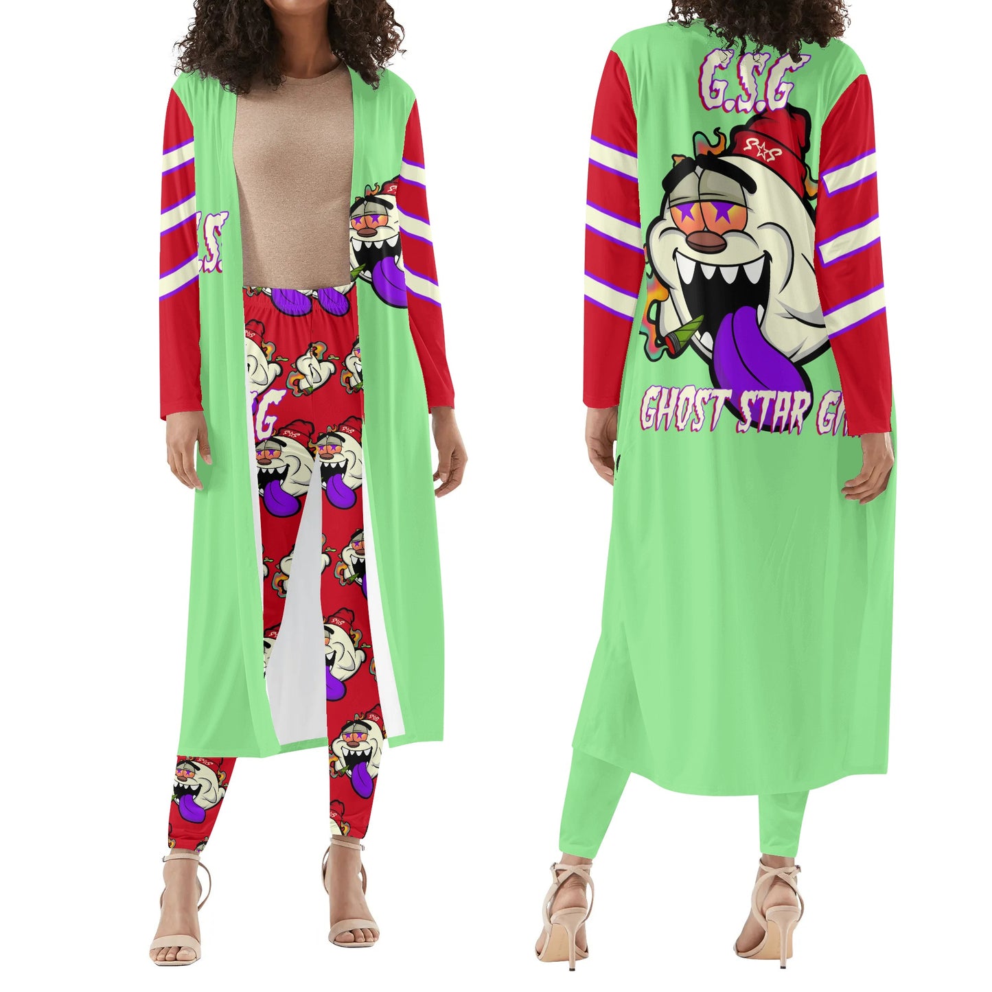 G.S.G Ghost Star Girl MintGreen/Maroon Long Sleeve Cardigan and Leggings 2pcs