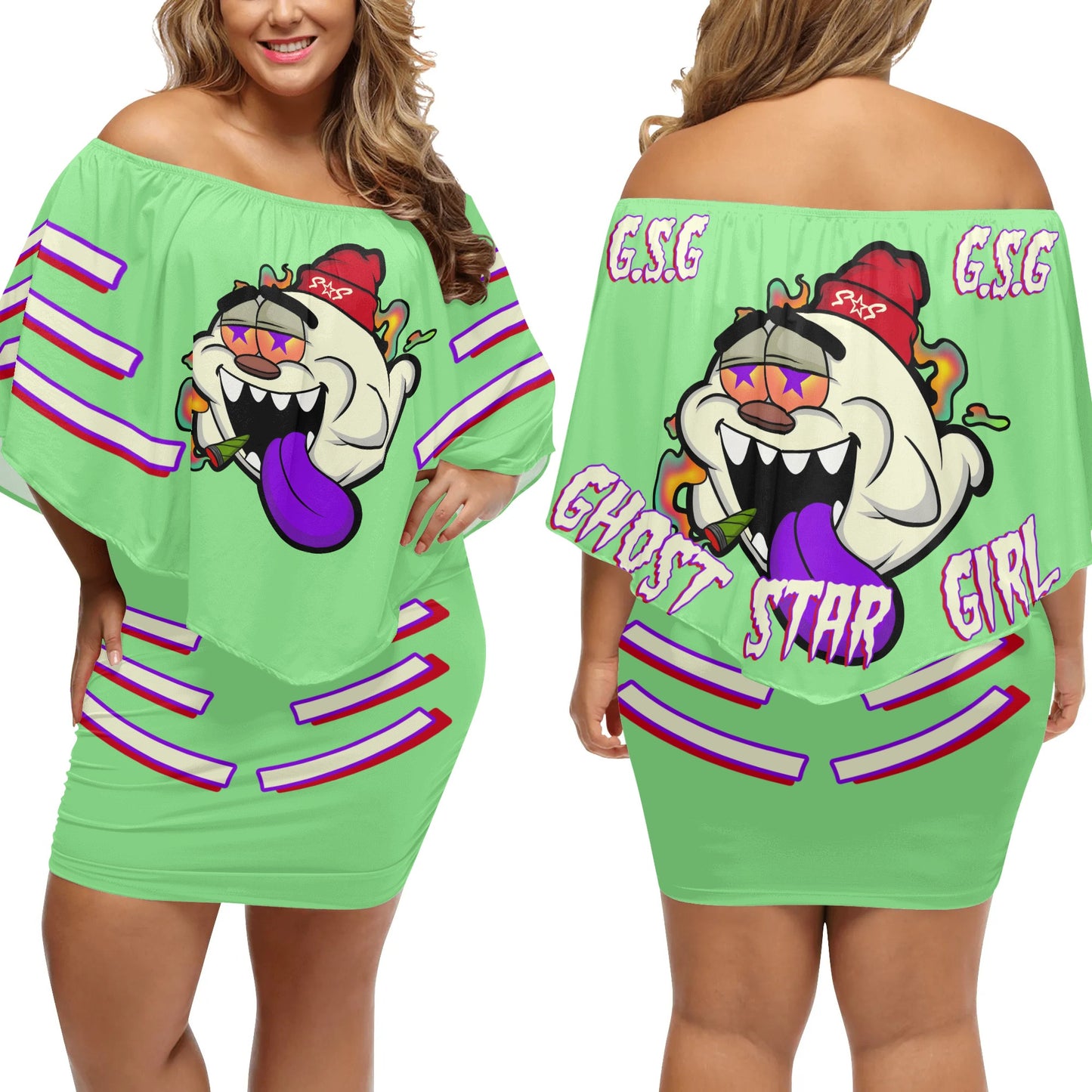 G.S.G Ghost Star Girl S.O.S Ghost Edition  Womens Mint Green Off The Shoulder Wrap Dress