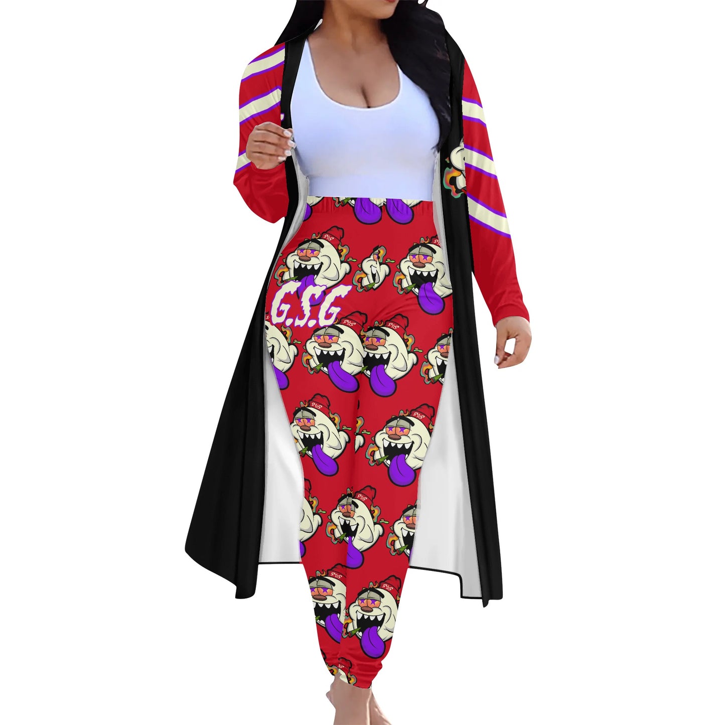 G.S.G Ghost Star Girl Black/Maroon Long Sleeve Cardigan and Leggings 2pcs