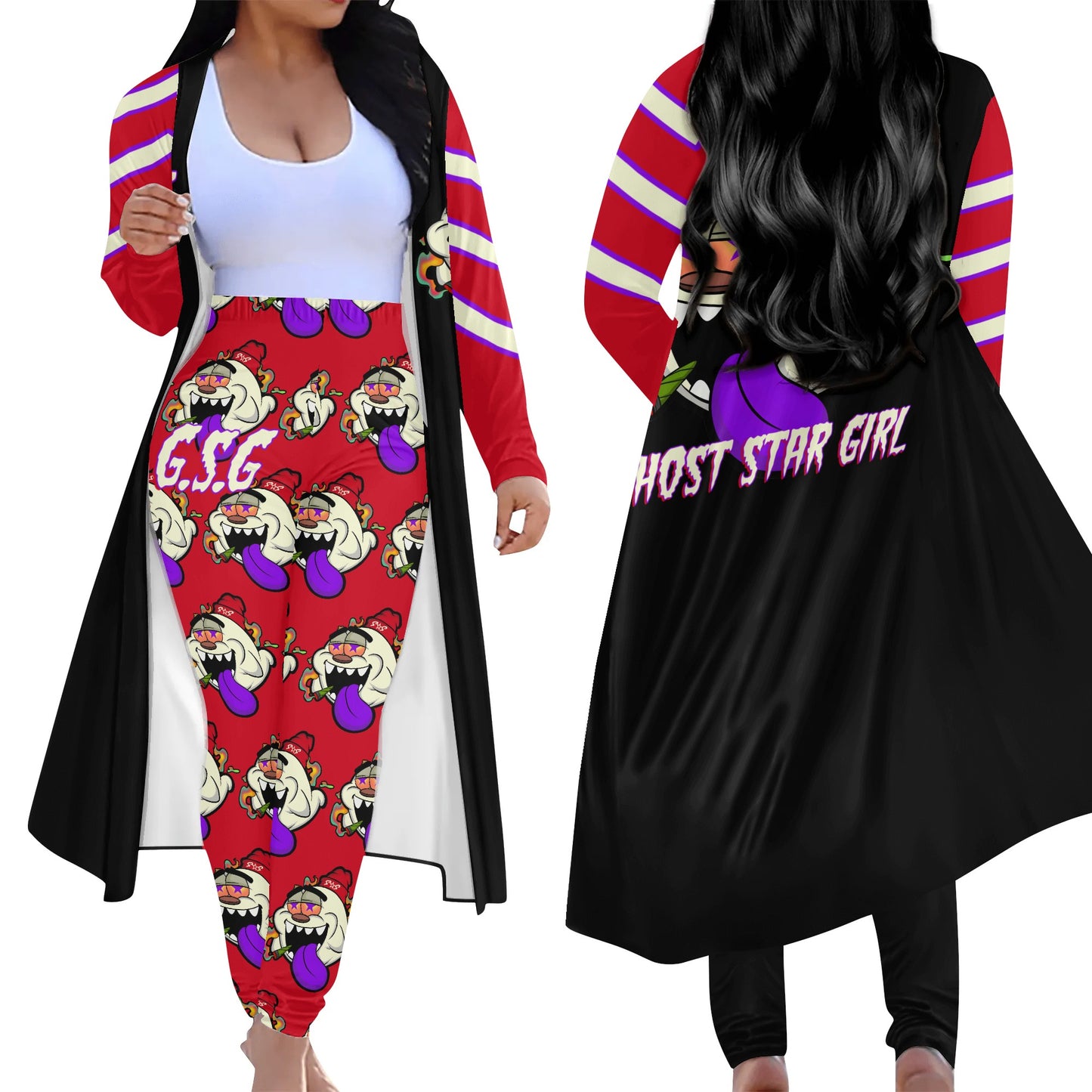 G.S.G Ghost Star Girl Black/Maroon Long Sleeve Cardigan and Leggings 2pcs