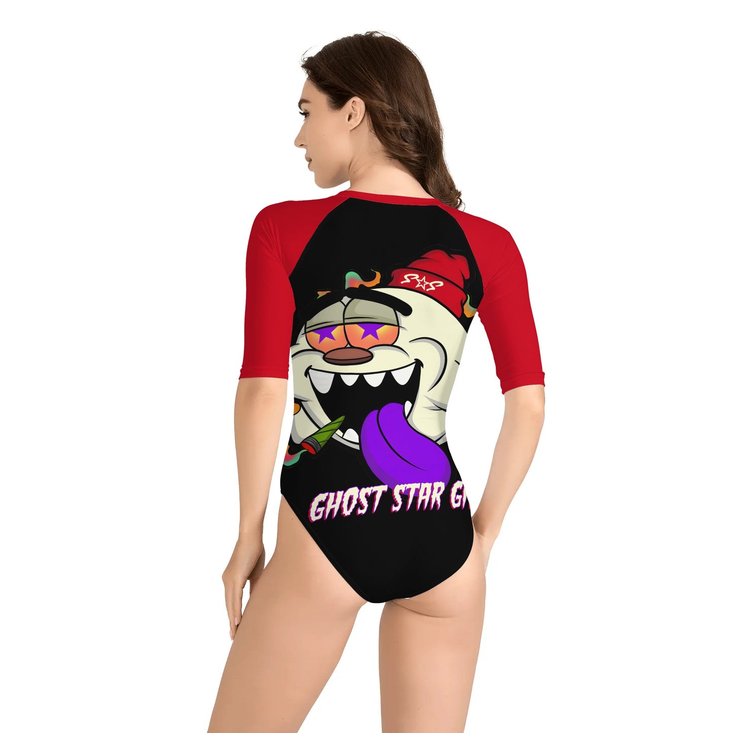 G.S.G Ghost Star Girl Womens Black One Piece Zip Front Half Sleeve Swimsuit