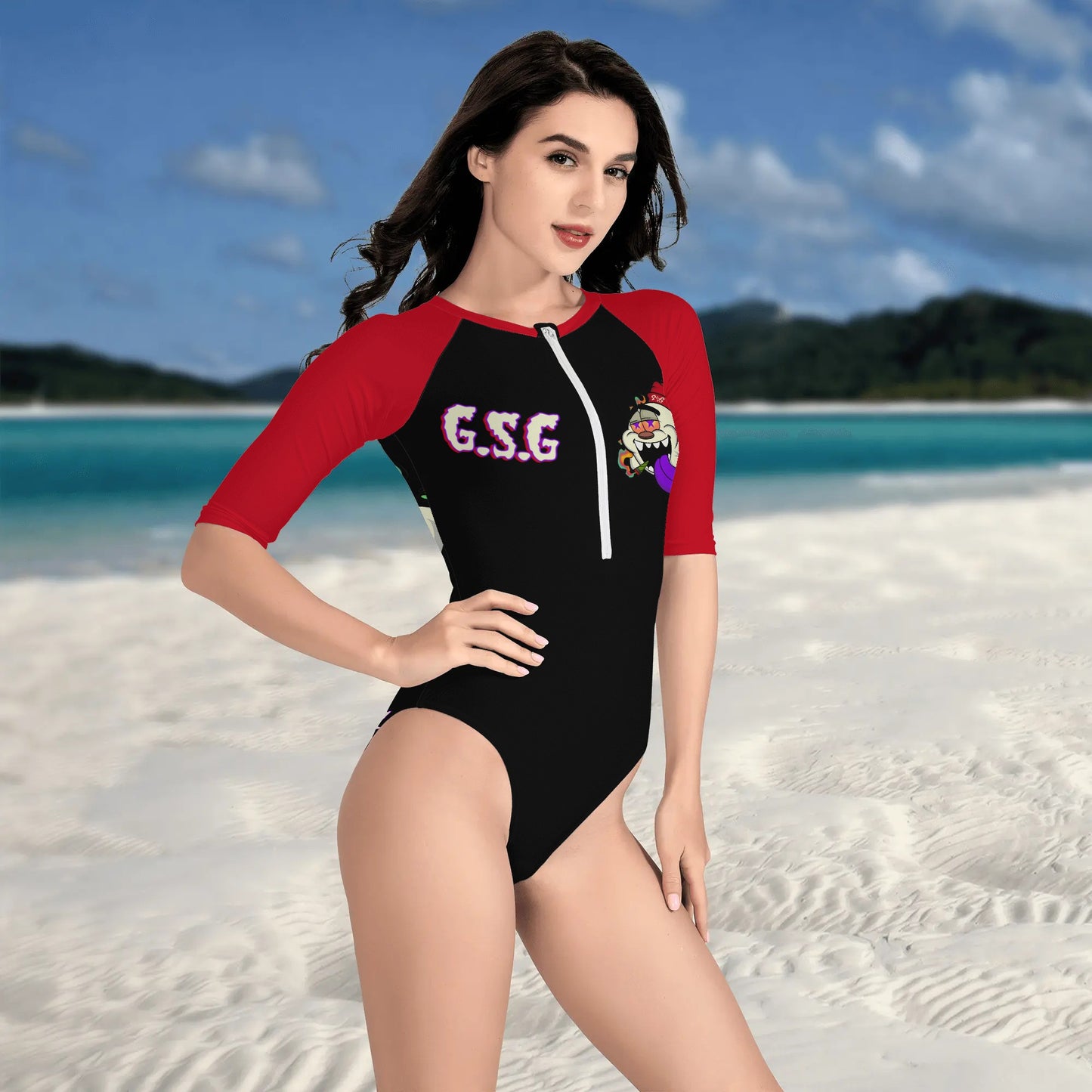 G.S.G Ghost Star Girl Womens Black One Piece Zip Front Half Sleeve Swimsuit