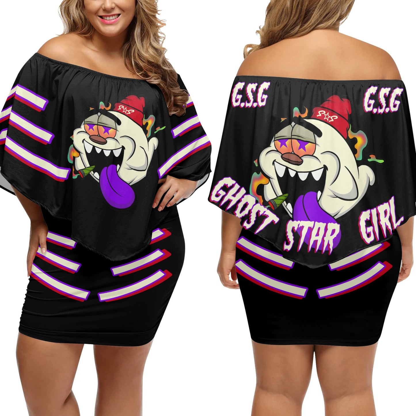 G.S.G Ghost Star Girl S.O.S Ghost Edition  Womens Black Off The Shoulder Wrap Dress