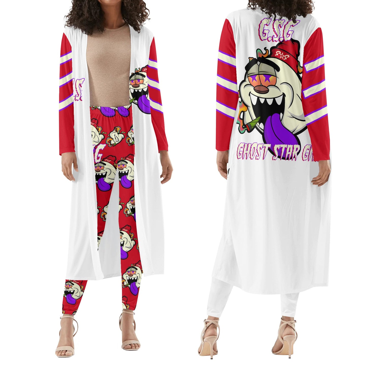 G.S.G Ghost Star Girl White/Maroon Long Sleeve Cardigan and Leggings 2pcs