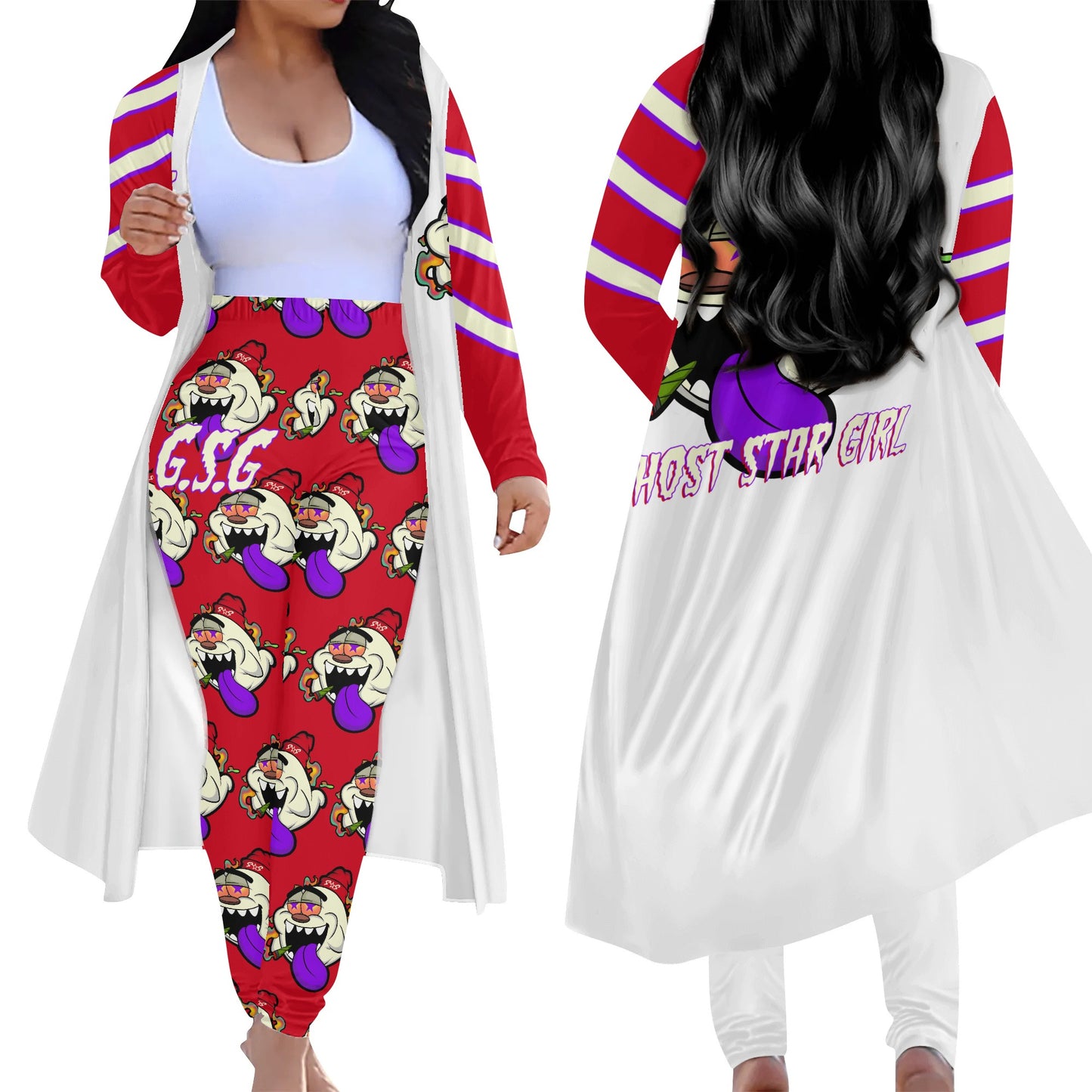 G.S.G Ghost Star Girl White/Maroon Long Sleeve Cardigan and Leggings 2pcs