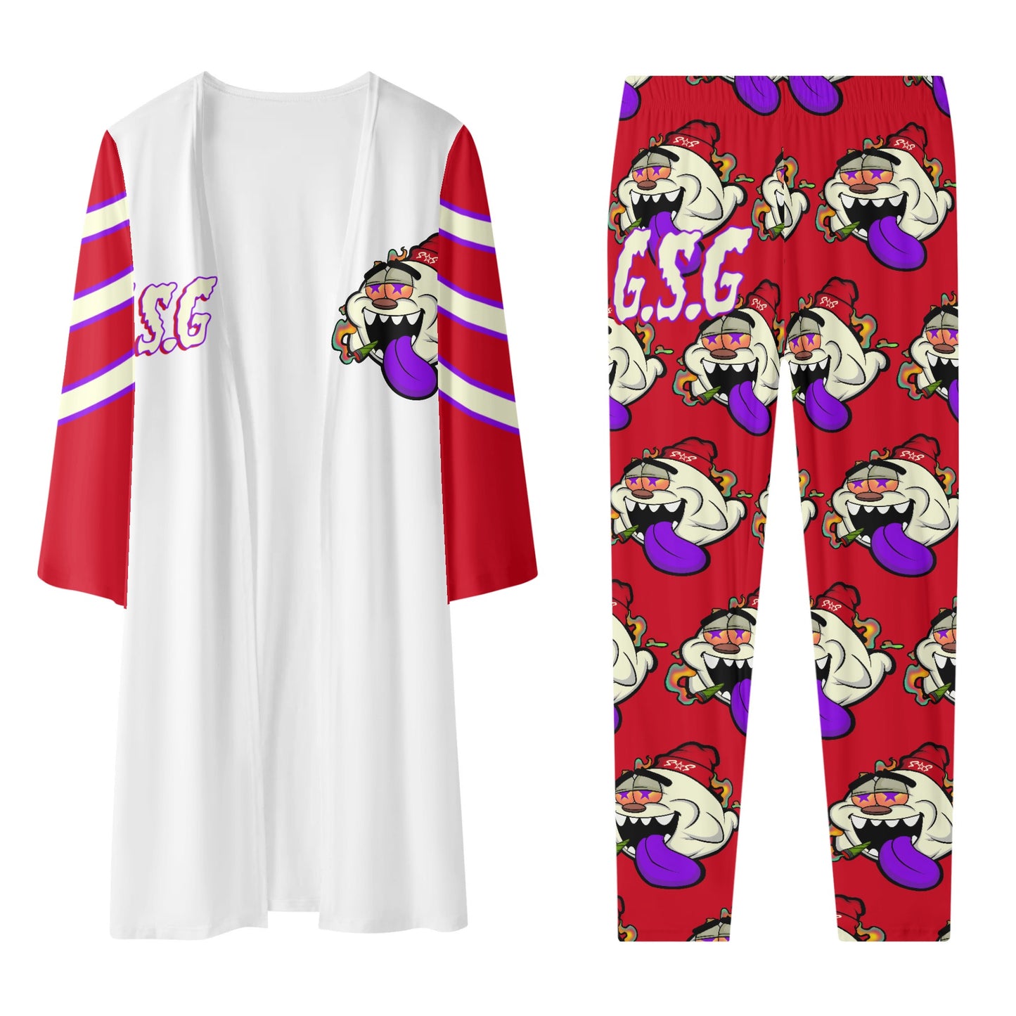 G.S.G Ghost Star Girl White/Maroon Long Sleeve Cardigan and Leggings 2pcs