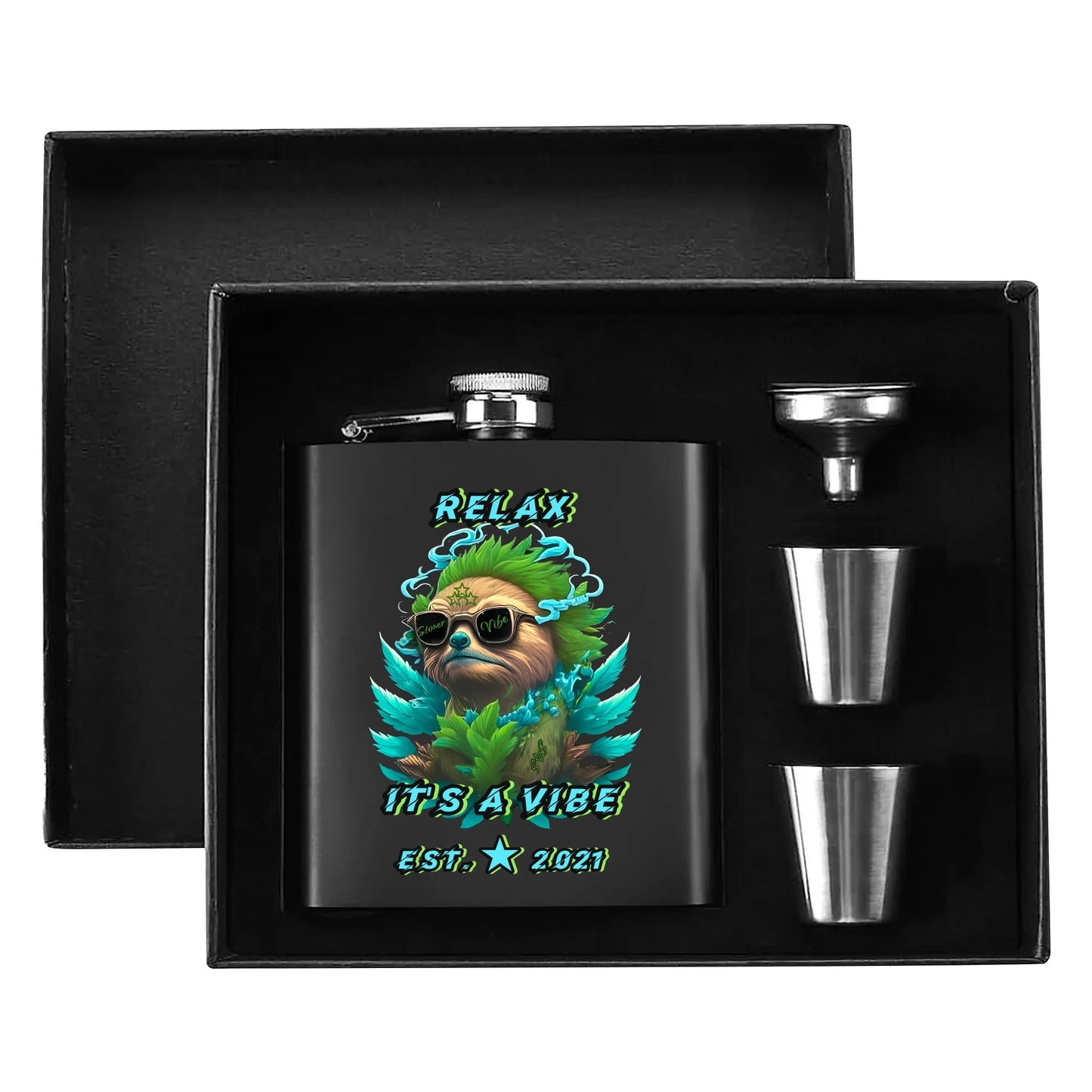 Slothfully Elevated Hip Flask Set 7oz Black Stainless Steel with A Gift Box