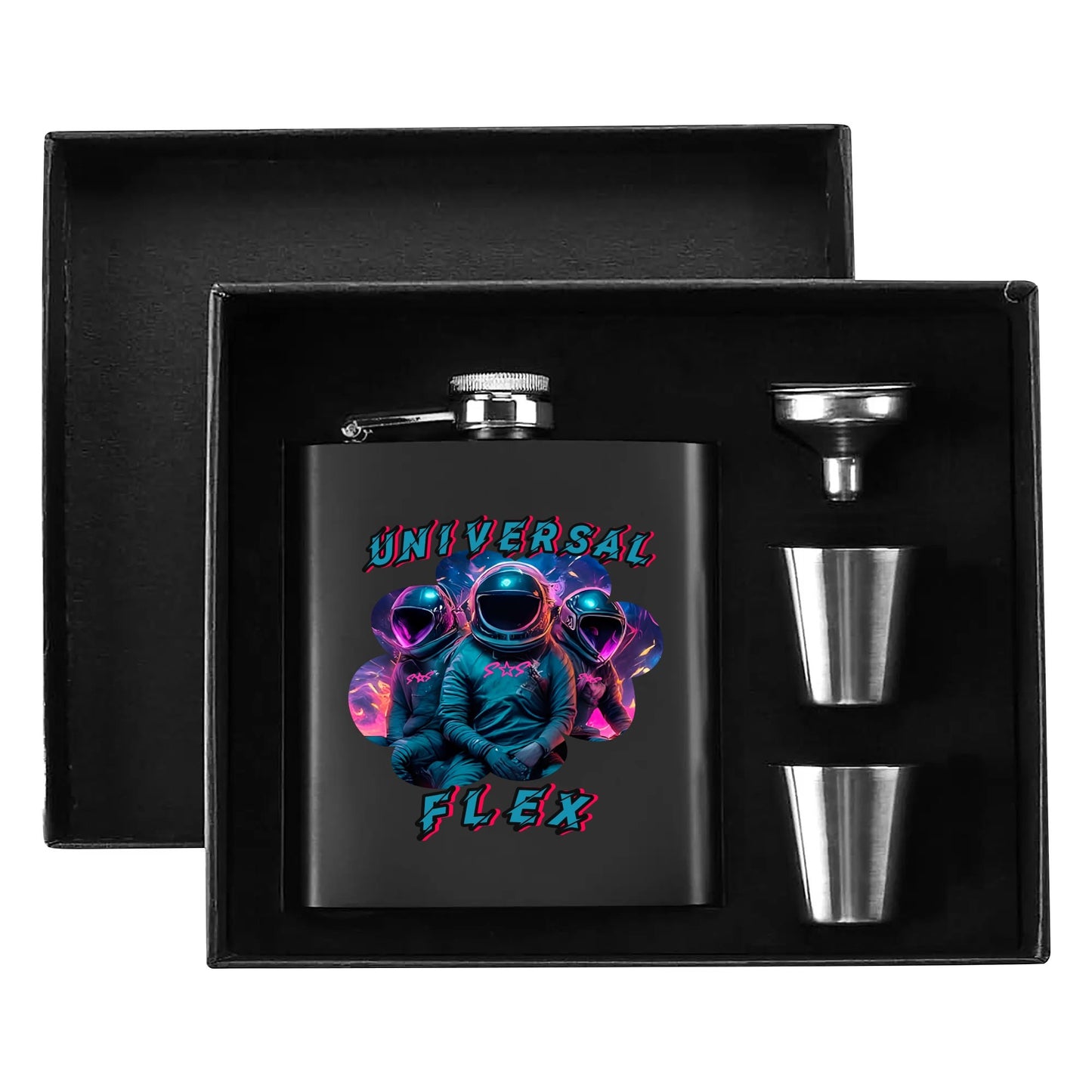 Universal  Flex Hip Flask Set 7oz Black Stainless Steel with A Gift Box