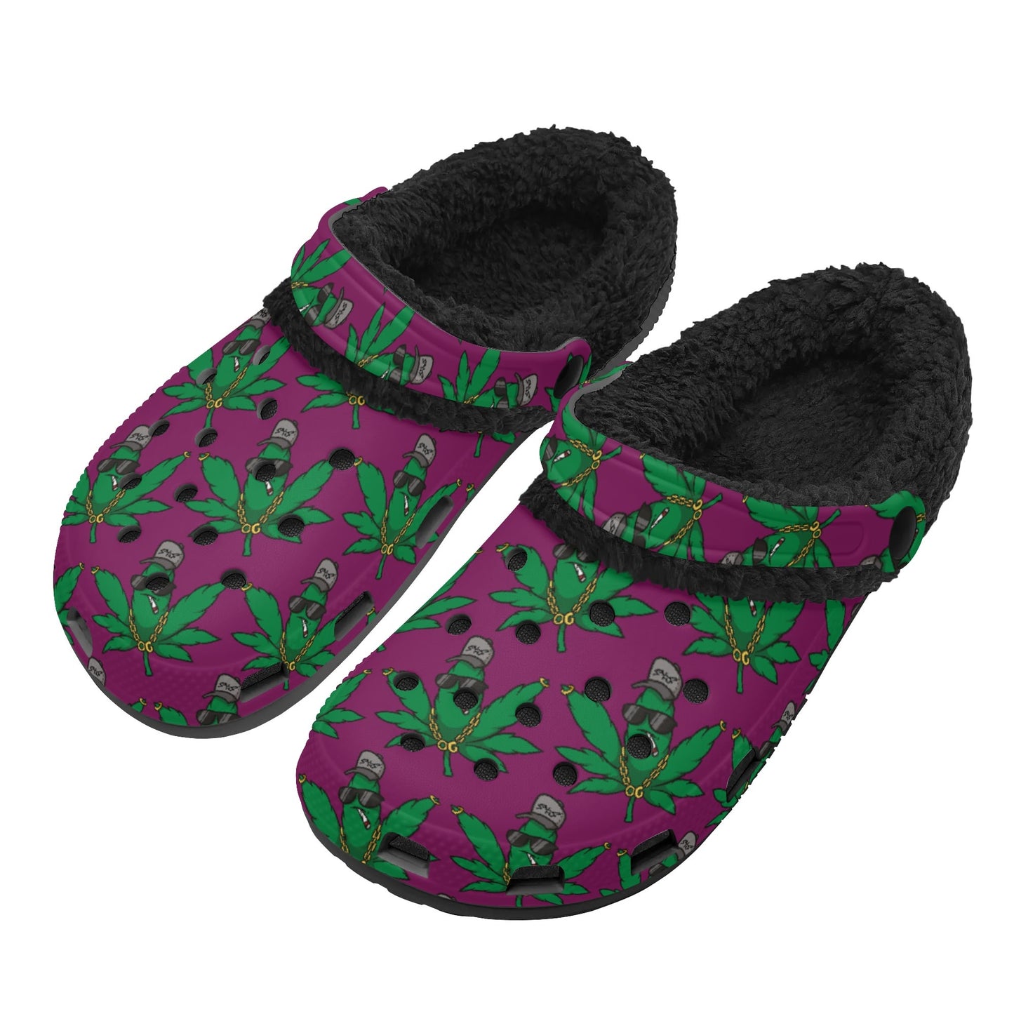 L.M.A. Leaf Me Alone 420 Adults Purple/Black Winter Fur Lined  Star Slippers