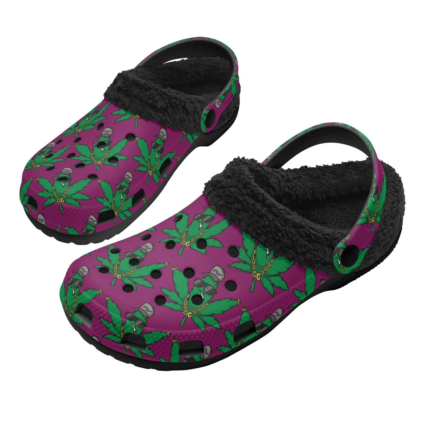 L.M.A. Leaf Me Alone 420 Adults Purple/Black Winter Fur Lined  Star Slippers