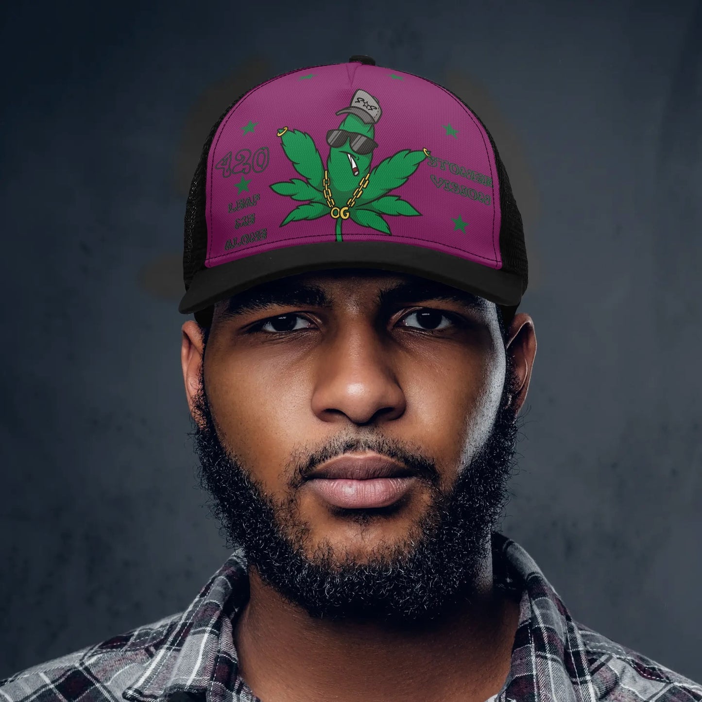 L.M.A. Leaf Me Alone 420 Black/Purple Trucker Hats