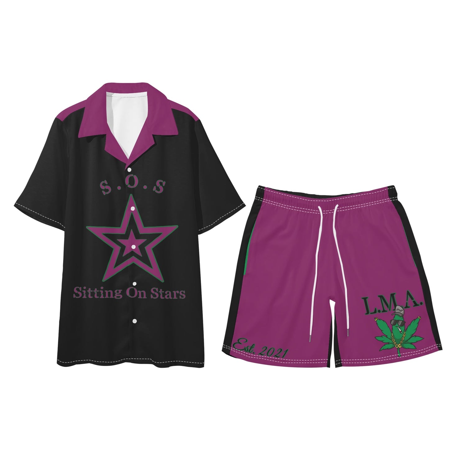 L.M.A. Leaf Me Alone 420  Black/Purple Mens Short Sleeve Shirt and Shorts Set