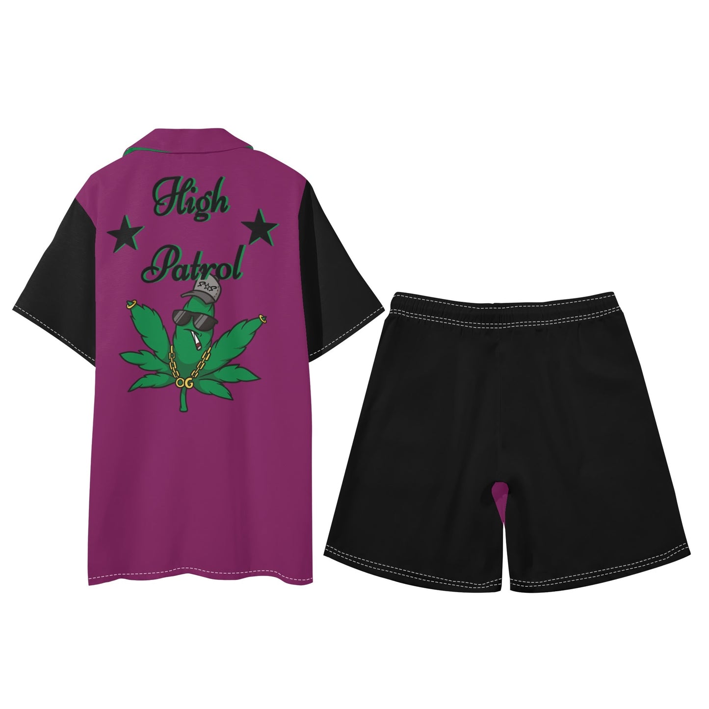 L.M.A. Leaf Me Alone 420  Black/Purple Mens Short Sleeve Shirt and Shorts Set