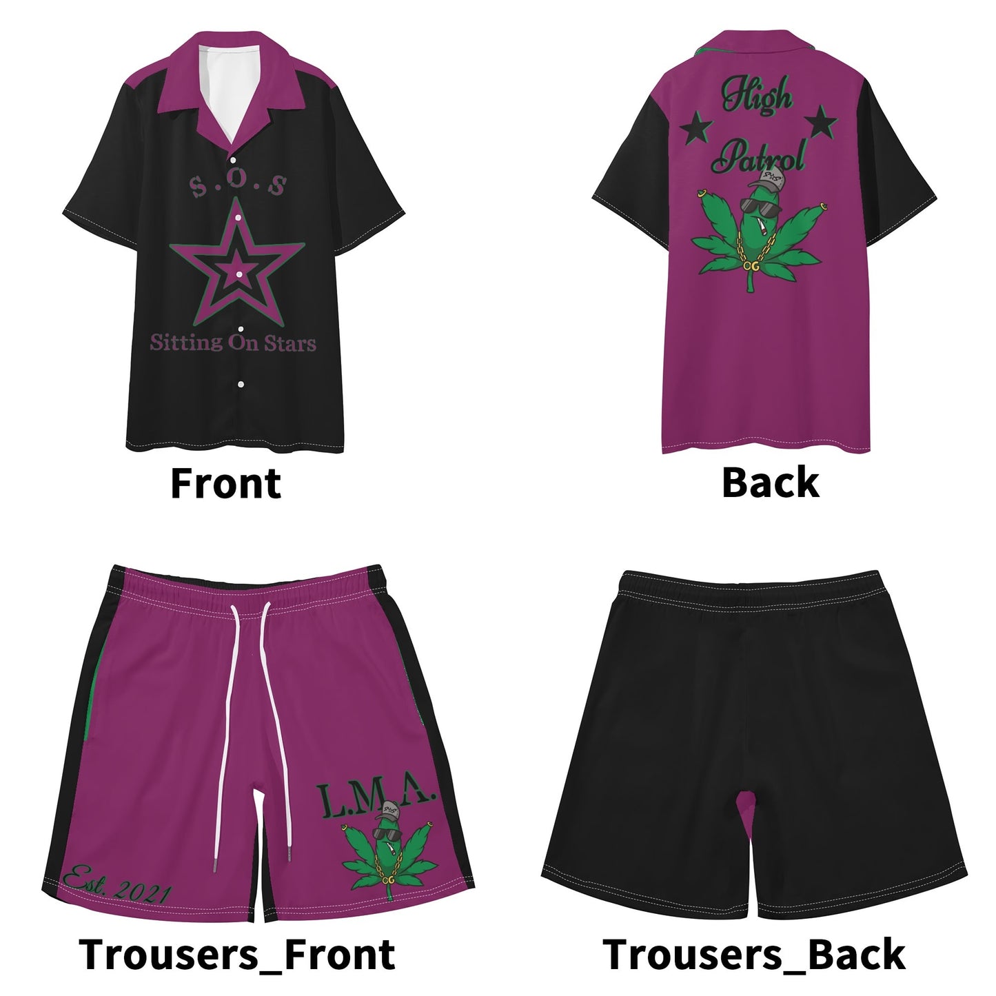 L.M.A. Leaf Me Alone 420  Black/Purple Mens Short Sleeve Shirt and Shorts Set