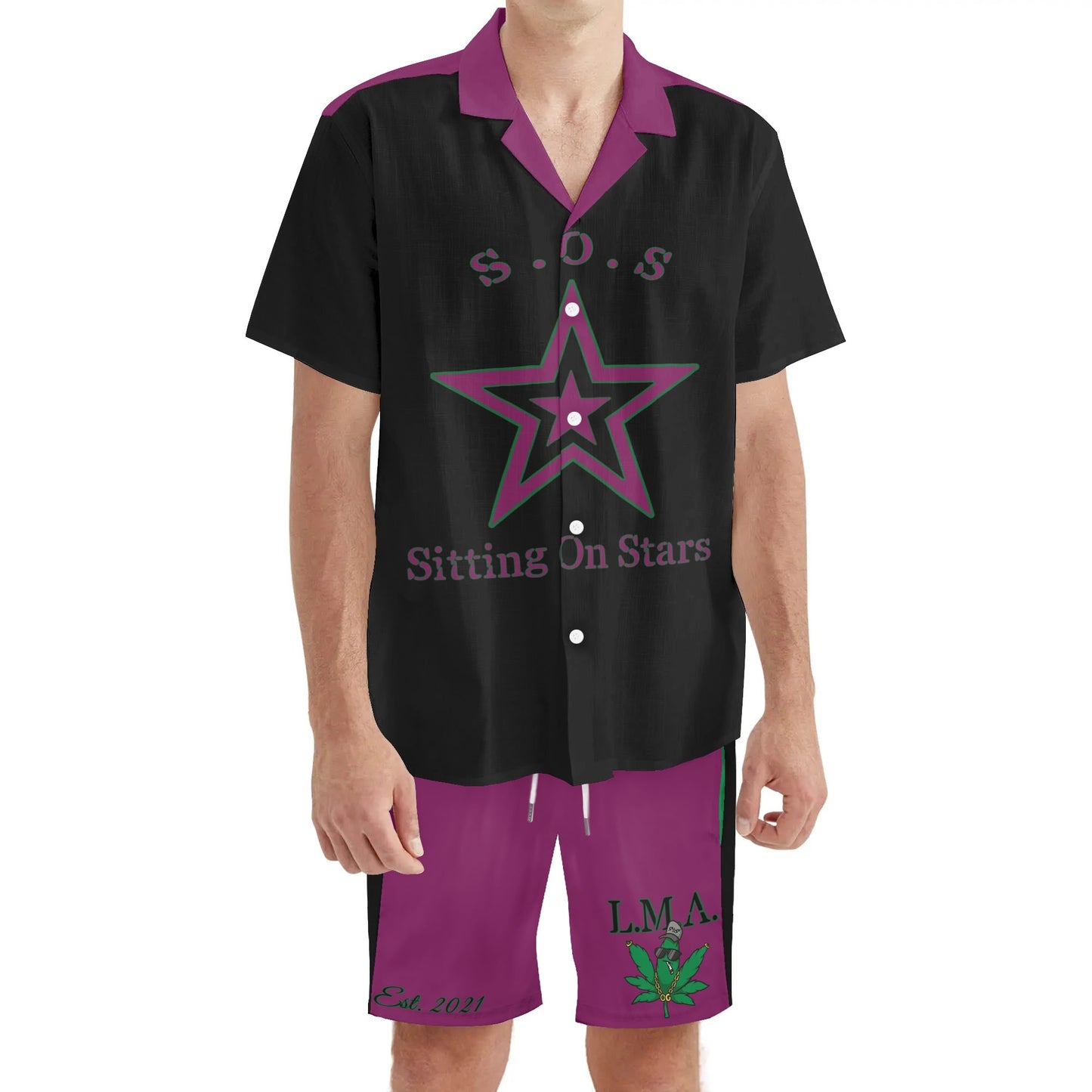 L.M.A. Leaf Me Alone 420  Black/Purple Mens Short Sleeve Shirt and Shorts Set