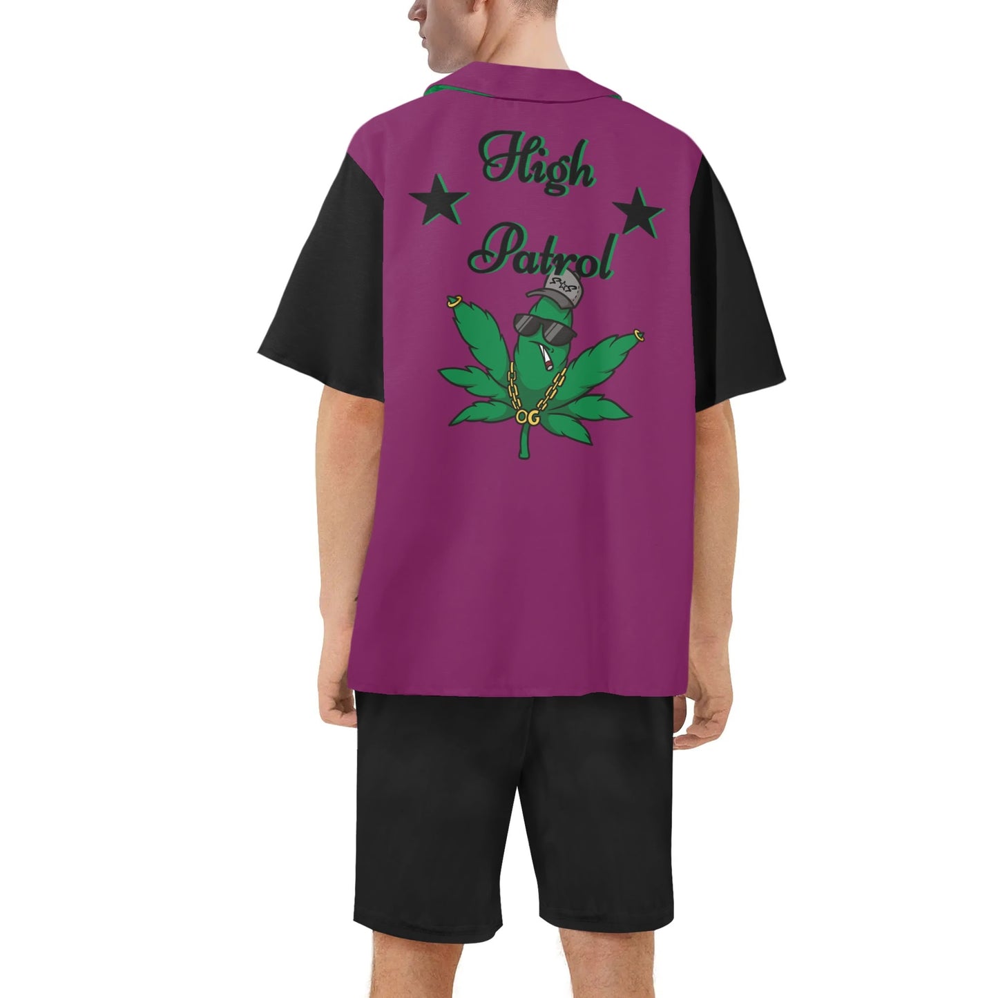 L.M.A. Leaf Me Alone 420  Black/Purple Mens Short Sleeve Shirt and Shorts Set