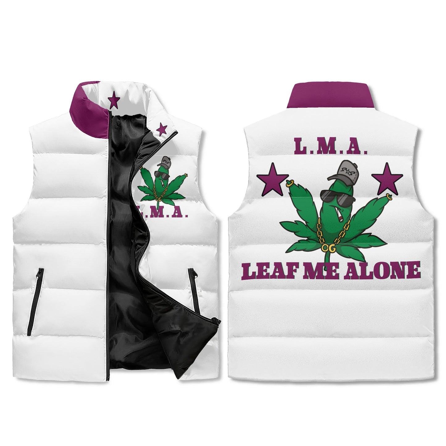 L.M.A. Leaf Me Alone 420 Unisex Zip Up Puffer Vest