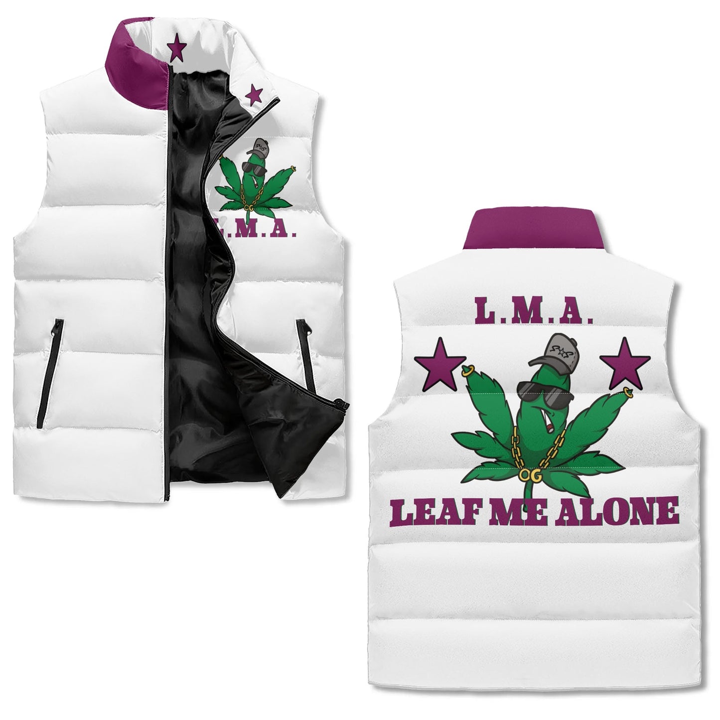 L.M.A. Leaf Me Alone 420 Unisex Zip Up Puffer Vest