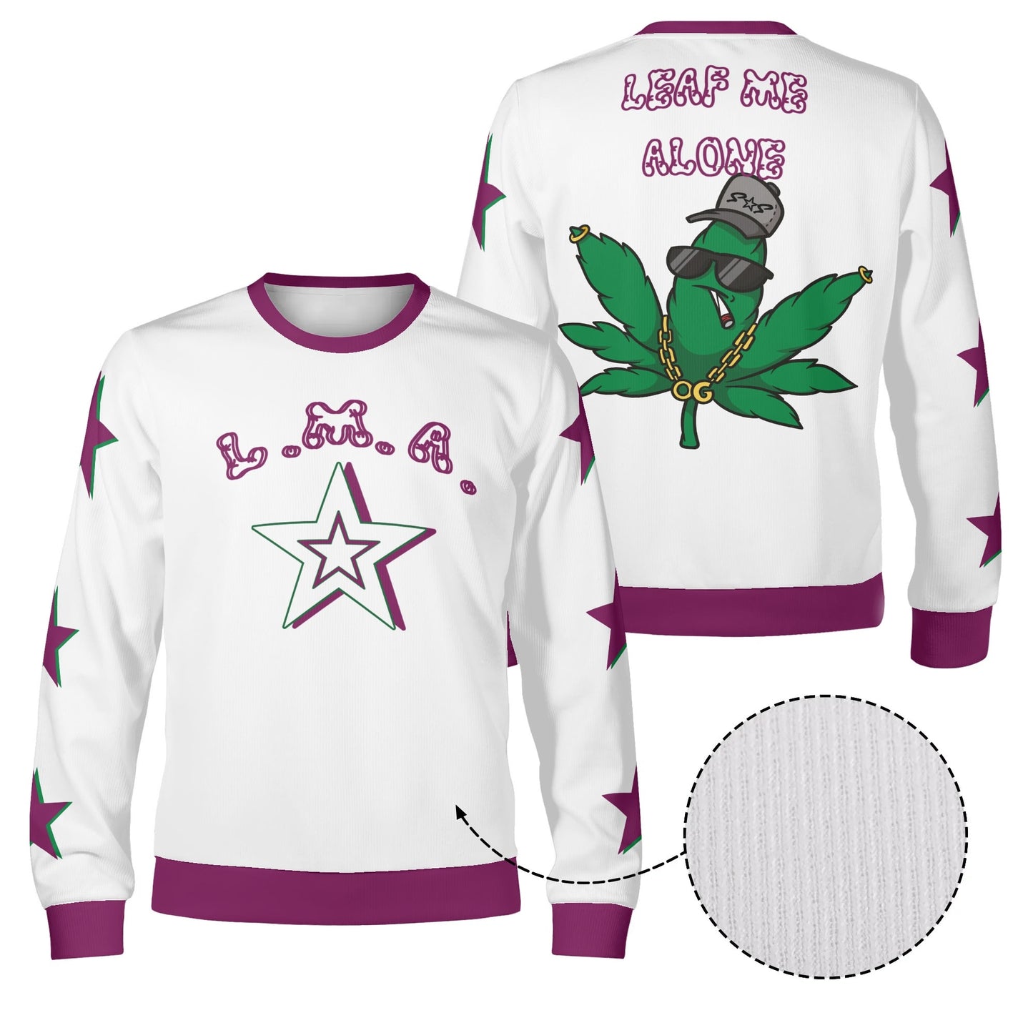 L.M.A. Leaf Me Alone 420 Purple/White Adult Crewneck Sweatshirt