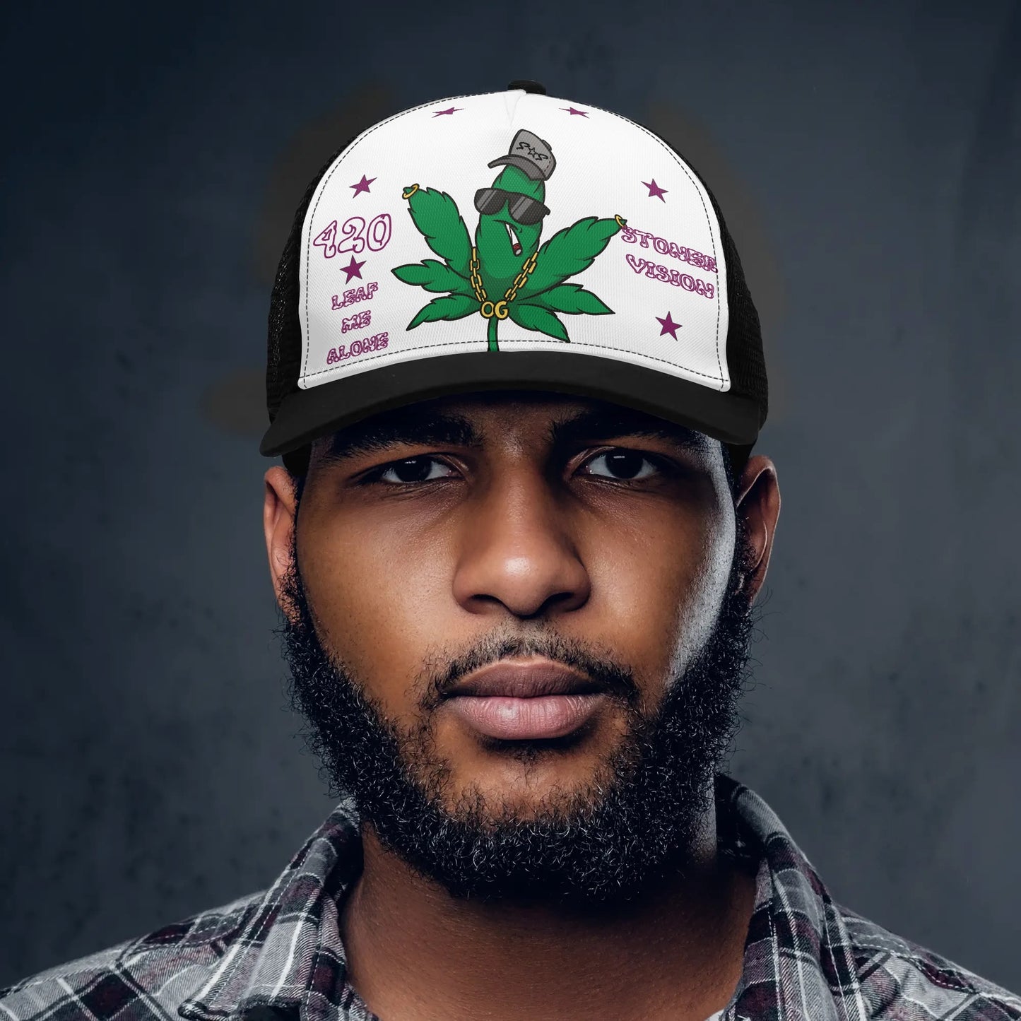 L.M.A. Leaf Me Alone 420 White/PurpleTrucker Hats