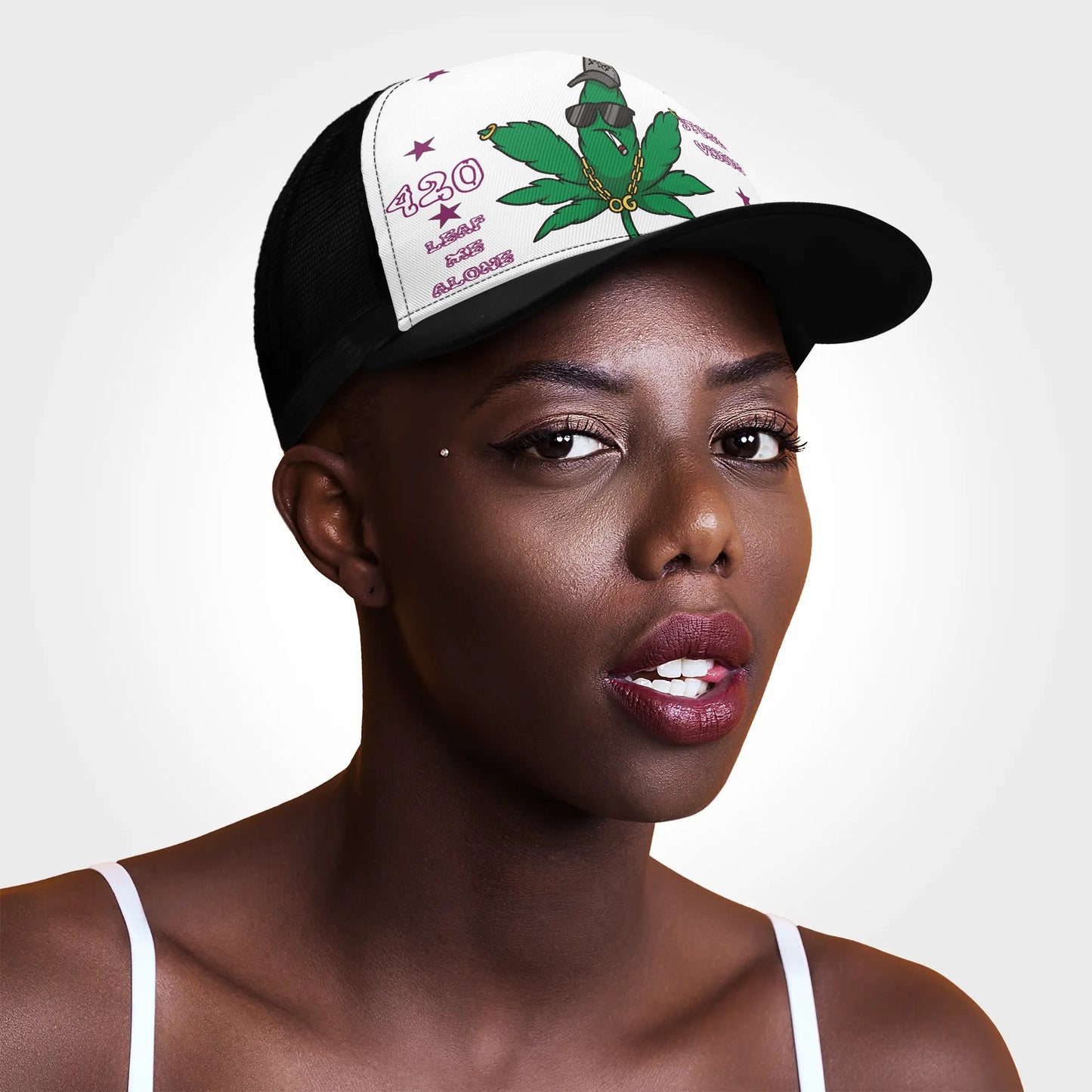 L.M.A. Leaf Me Alone 420 White/PurpleTrucker Hats