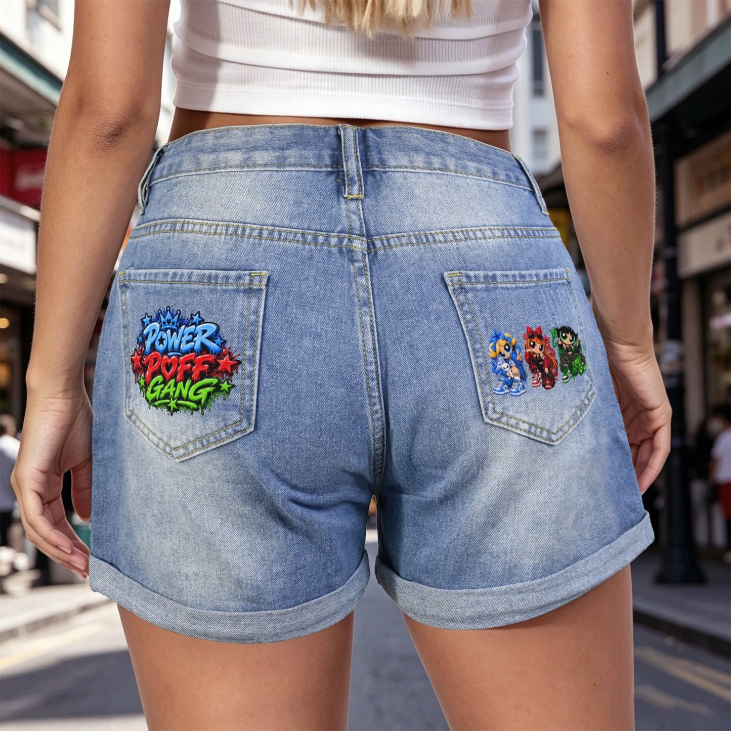 S.O.S: Power Puff Gang Light-Wash Blue Denim Shorts | Ships from USA