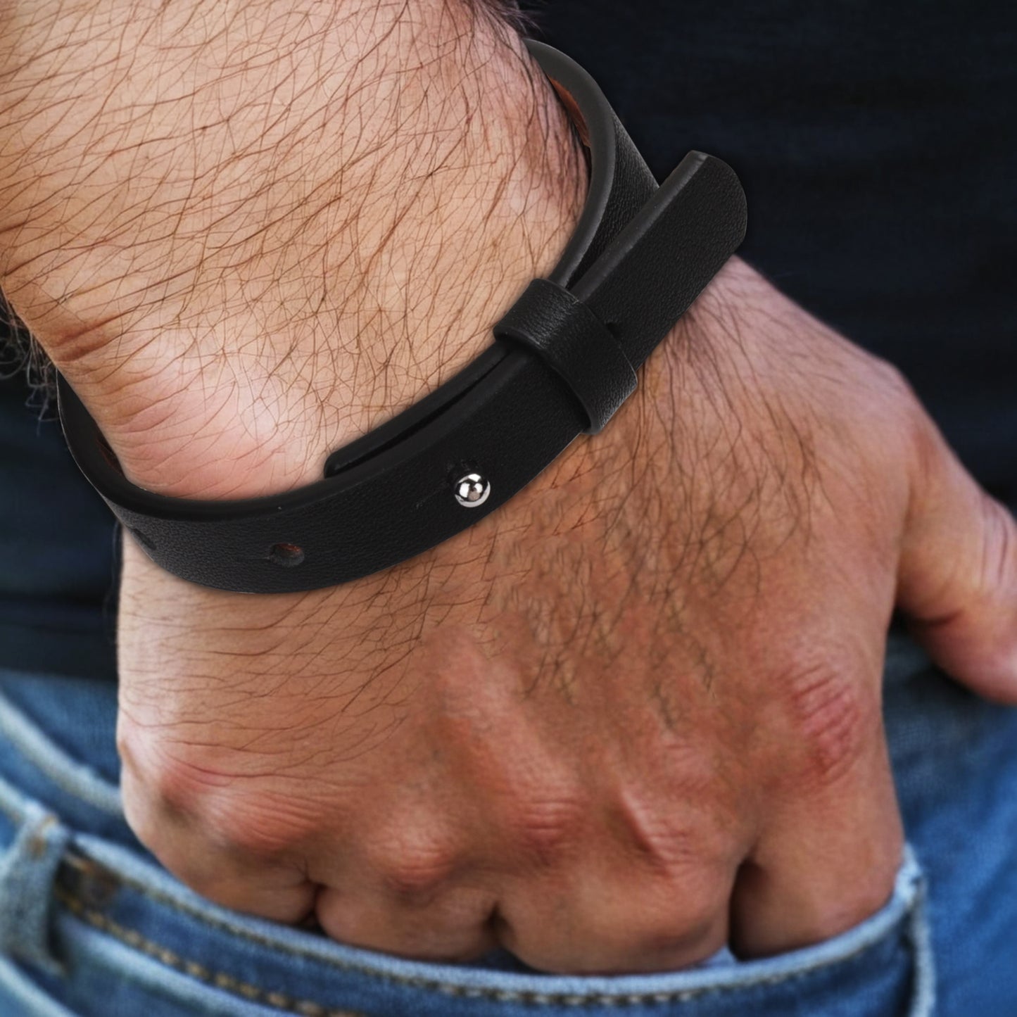 Copper Flex By S.O.S Engraved Black Leather Bracelet for Men